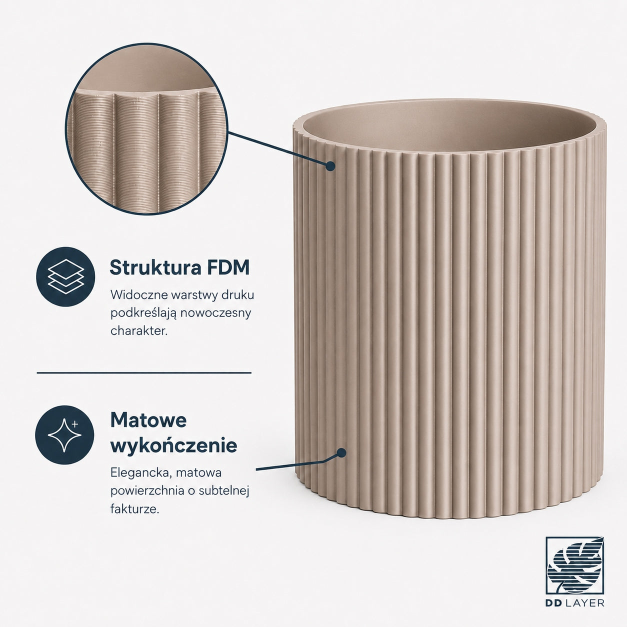 Pot cover 10 cm grooved fluted light coffee beige matte 3D printing Brand no brand