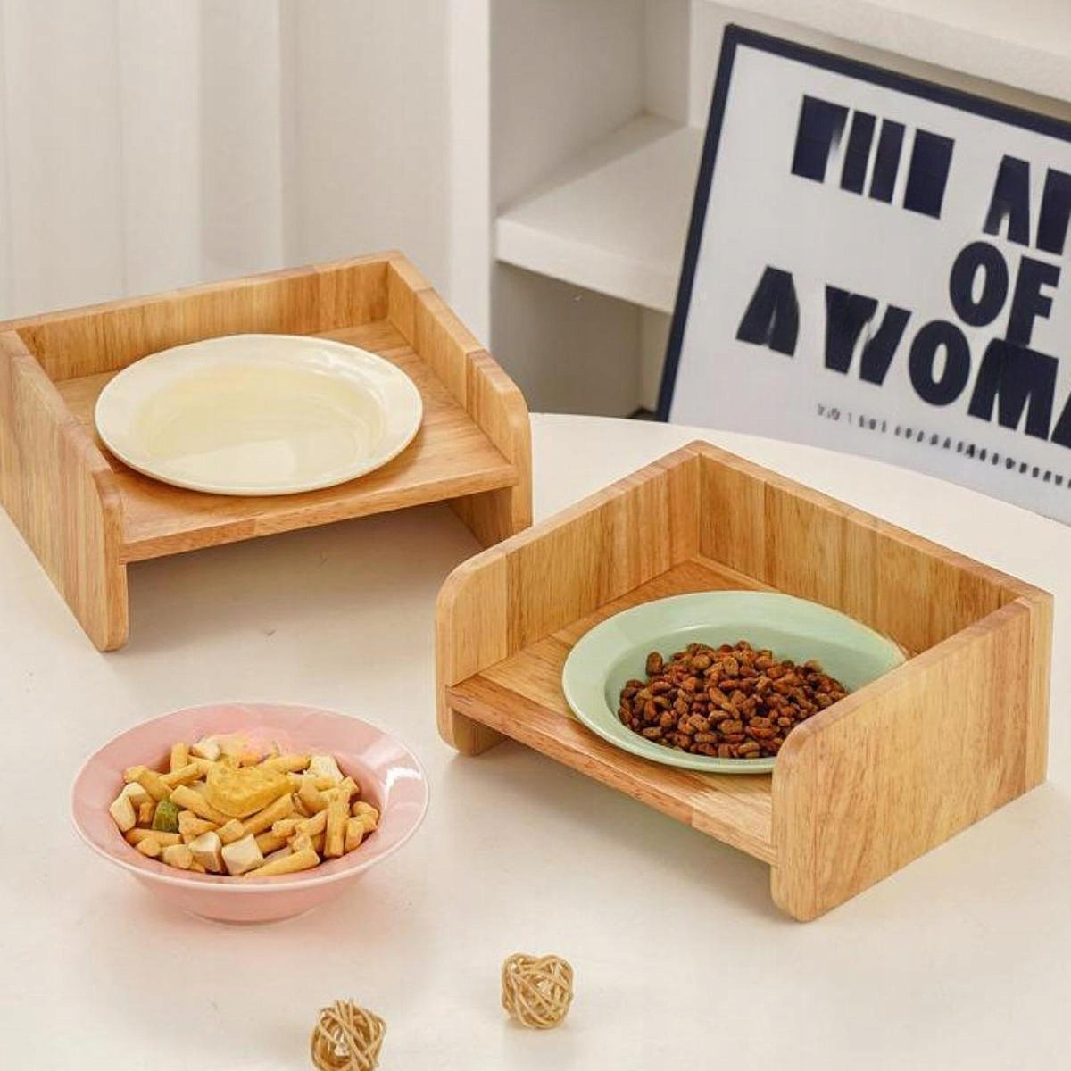 Pottery Cat Bowl Wood Heightened Rack Anti Vomiting Stable Blue Packaging status original