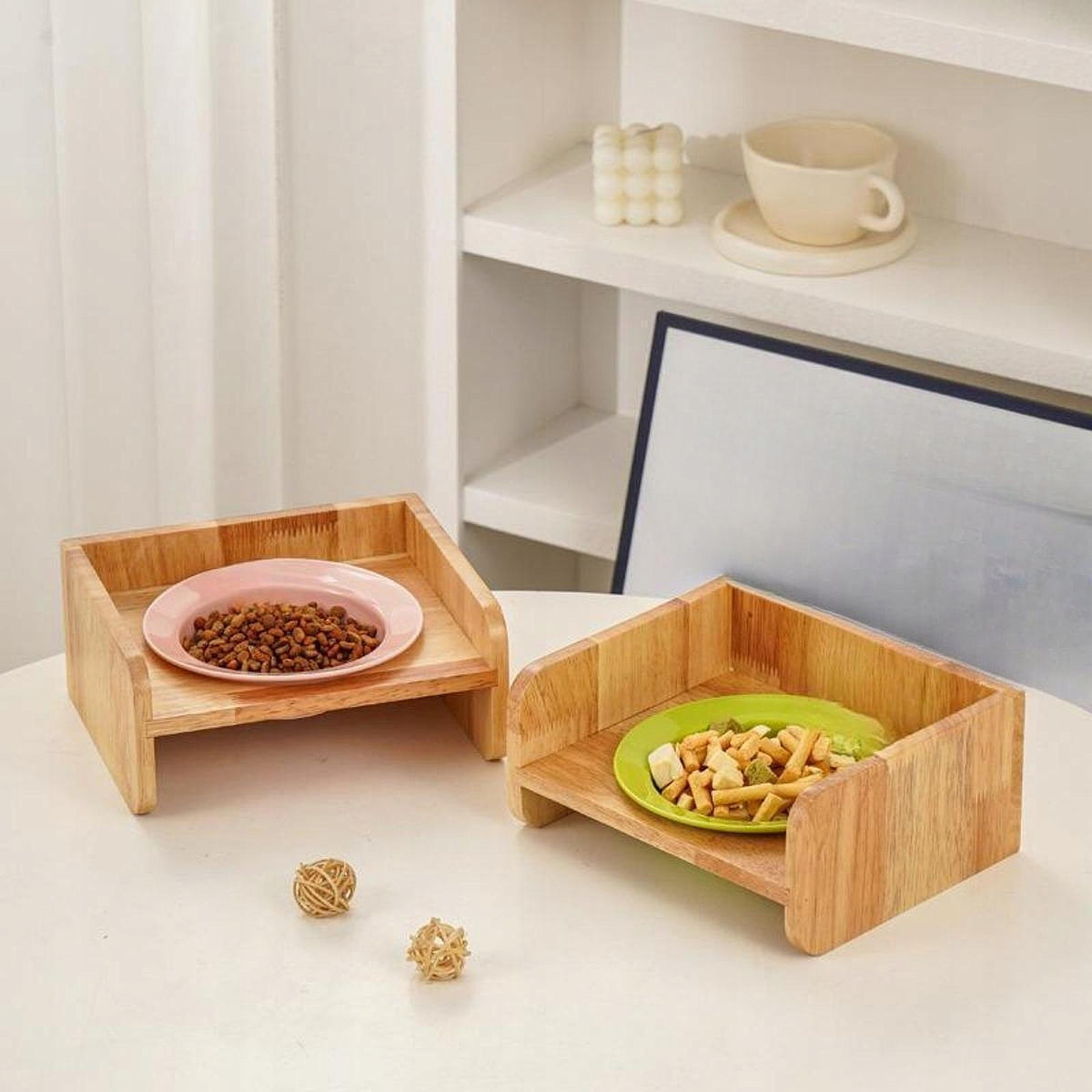 Pottery Cat Bowl Wooden Rack Non Slip Sturdy Removable Multipurpose Blue Packaging status original