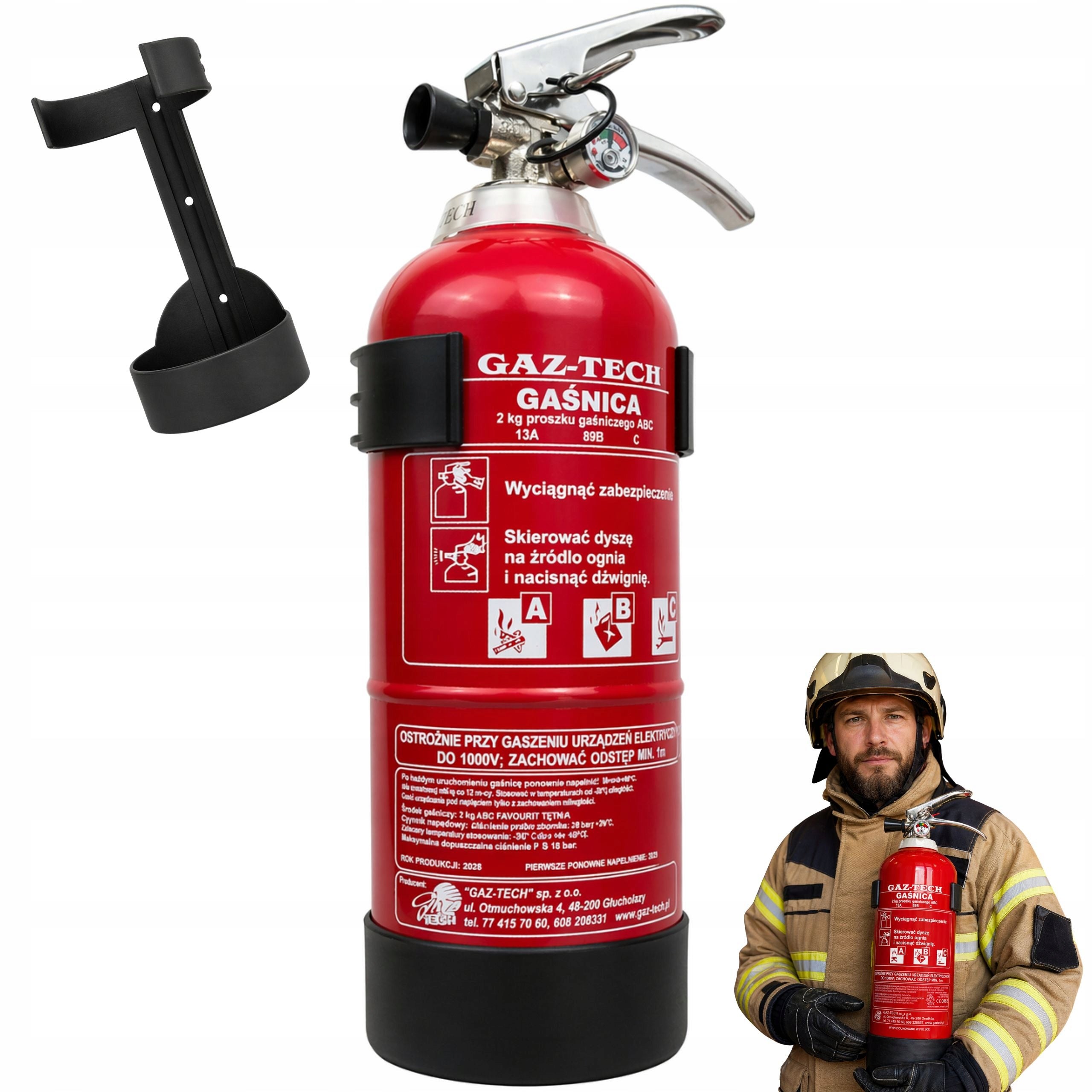Powder Fire Extinguisher Gaz-Tech GP-2X ABC 2KG with Hanger Pressure Gauge Prod. 2026r