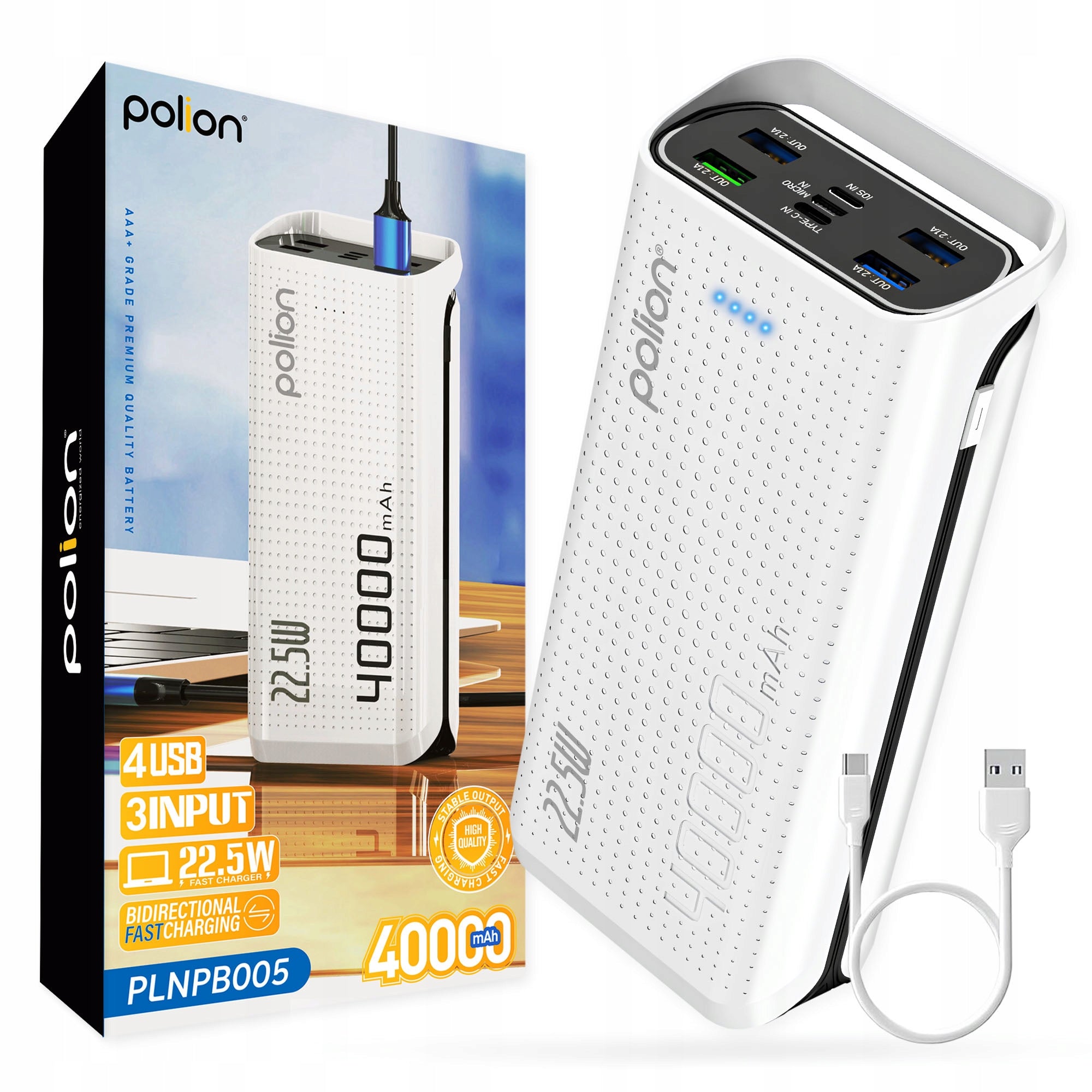 Powerbank POLION 22.5W 40000mAh USB-C USB-A PD 3.0 QC 3.0 Cable