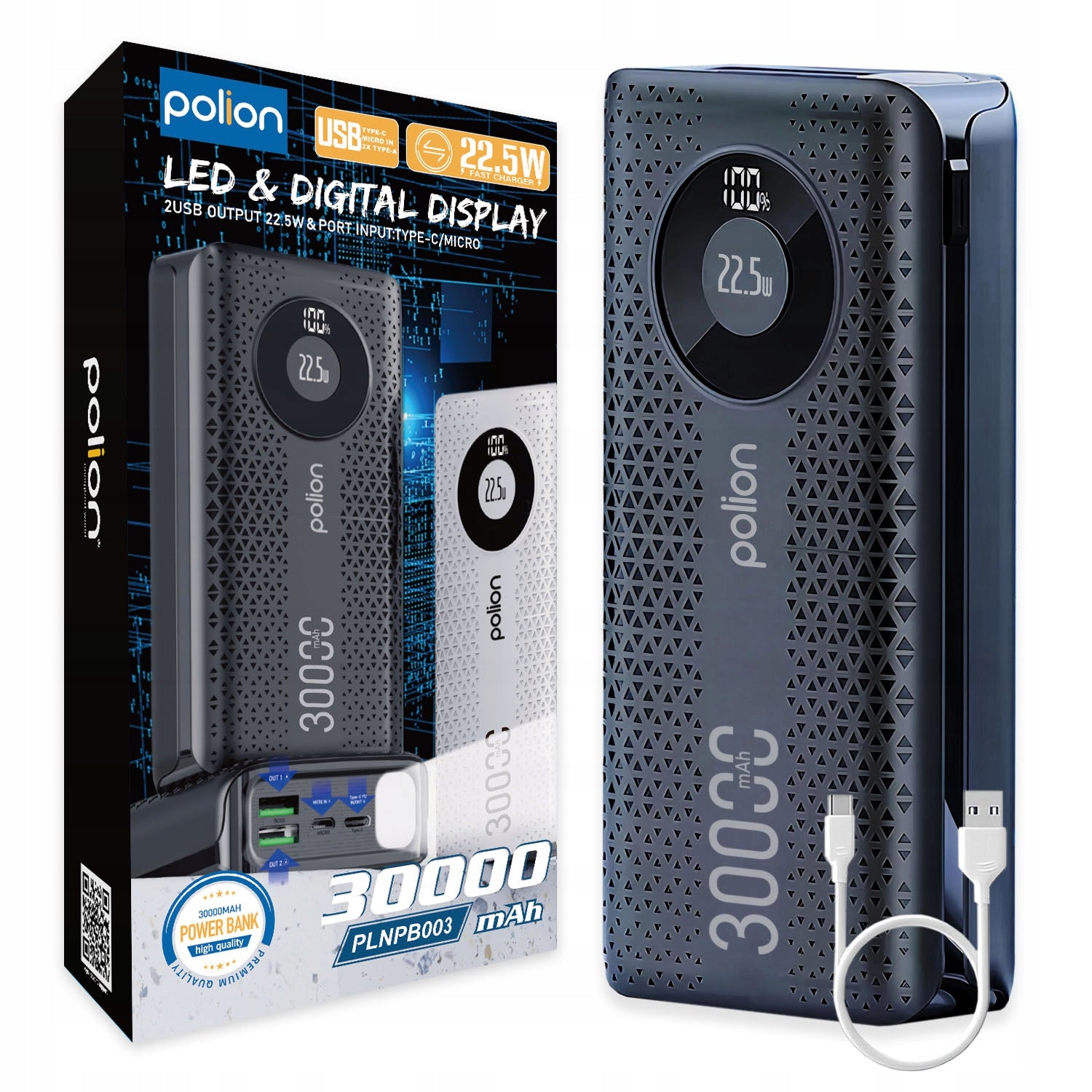 Powerbank POLION Fast Charging 22.5W 30000mAh USB-C USB-A PD3.0 QC3.0