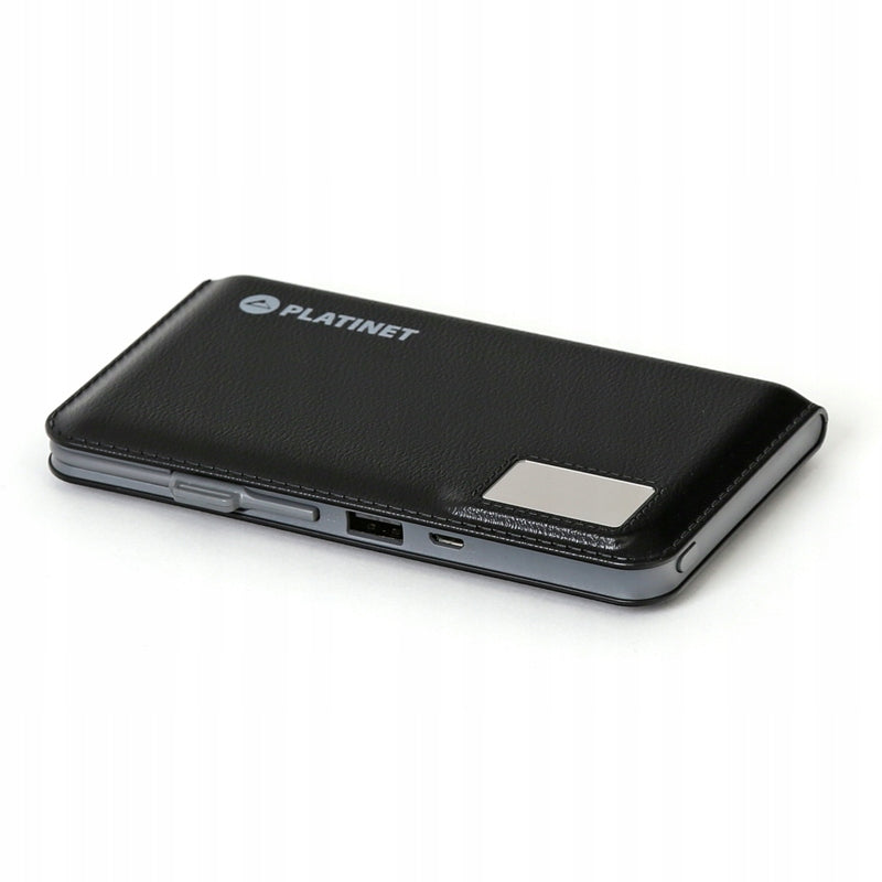 Universeller tragbarer Akku Platinet (PMPB12PLB) 12000 mAh, LCD + 2 x USB, 5V/2,1A, schwarzes Lederfinish 