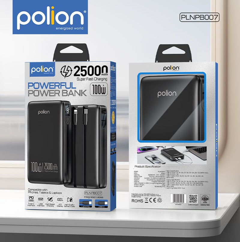 Powerbank Polion 25000mAh 100W fast charging USB-C PD QC Packaging status original