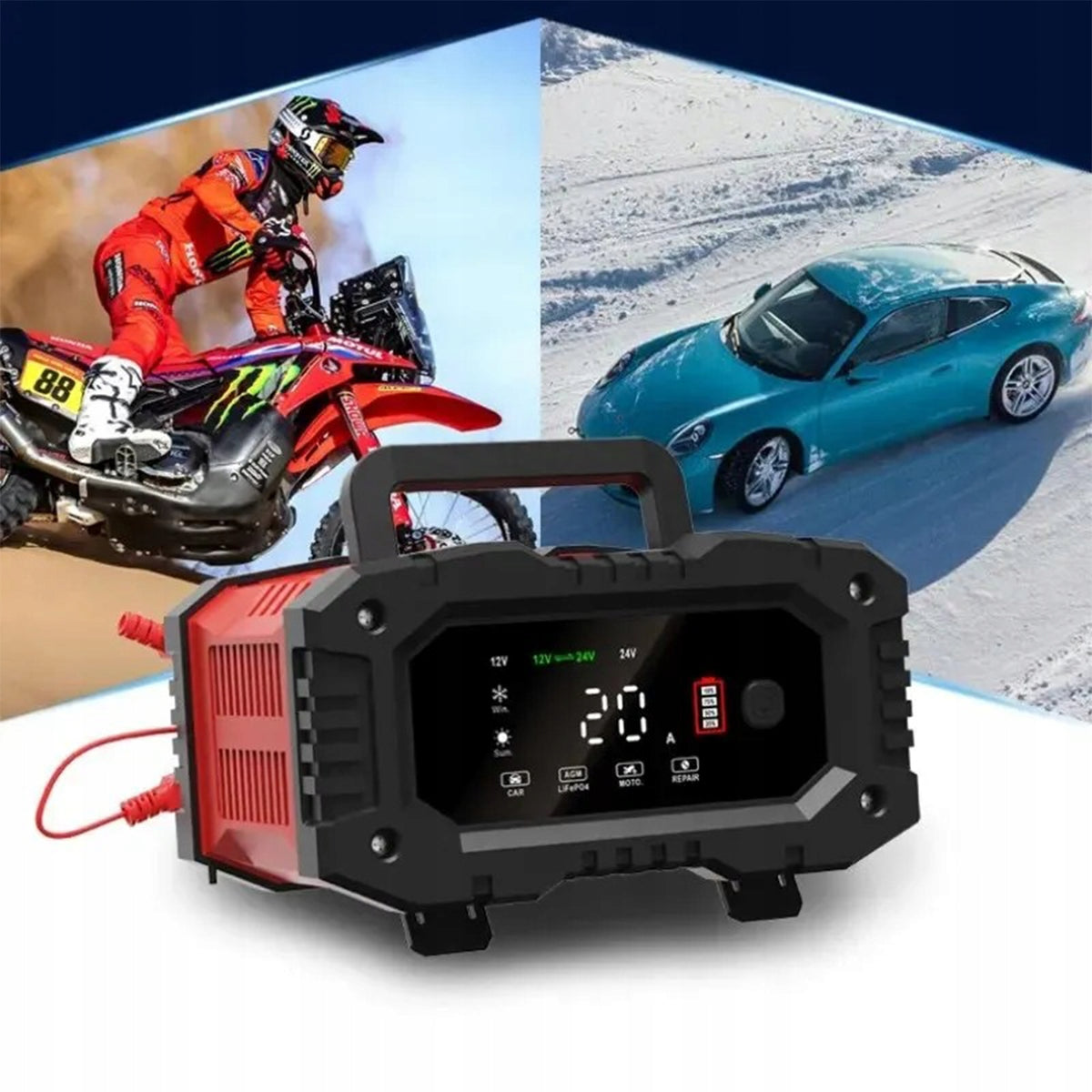 Powerful 20A 12V/24V BATTERY CHARGER LCD Multipurpose RECTIFIER Maximum amperage 24 A