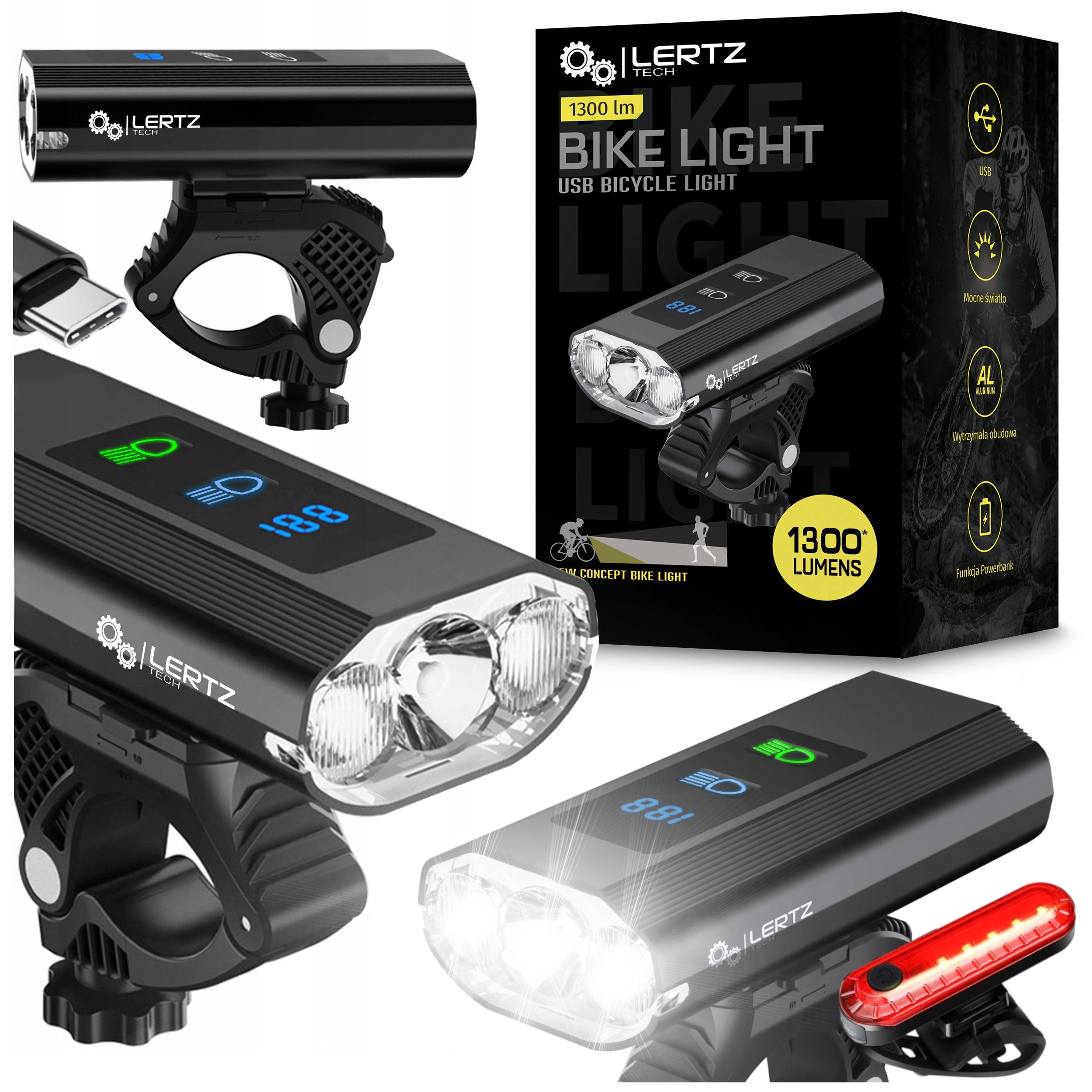 Powerful BICYCLE LIGHT LED light 1300lm flashlight 5600mA FRONT REAR POWERBANK