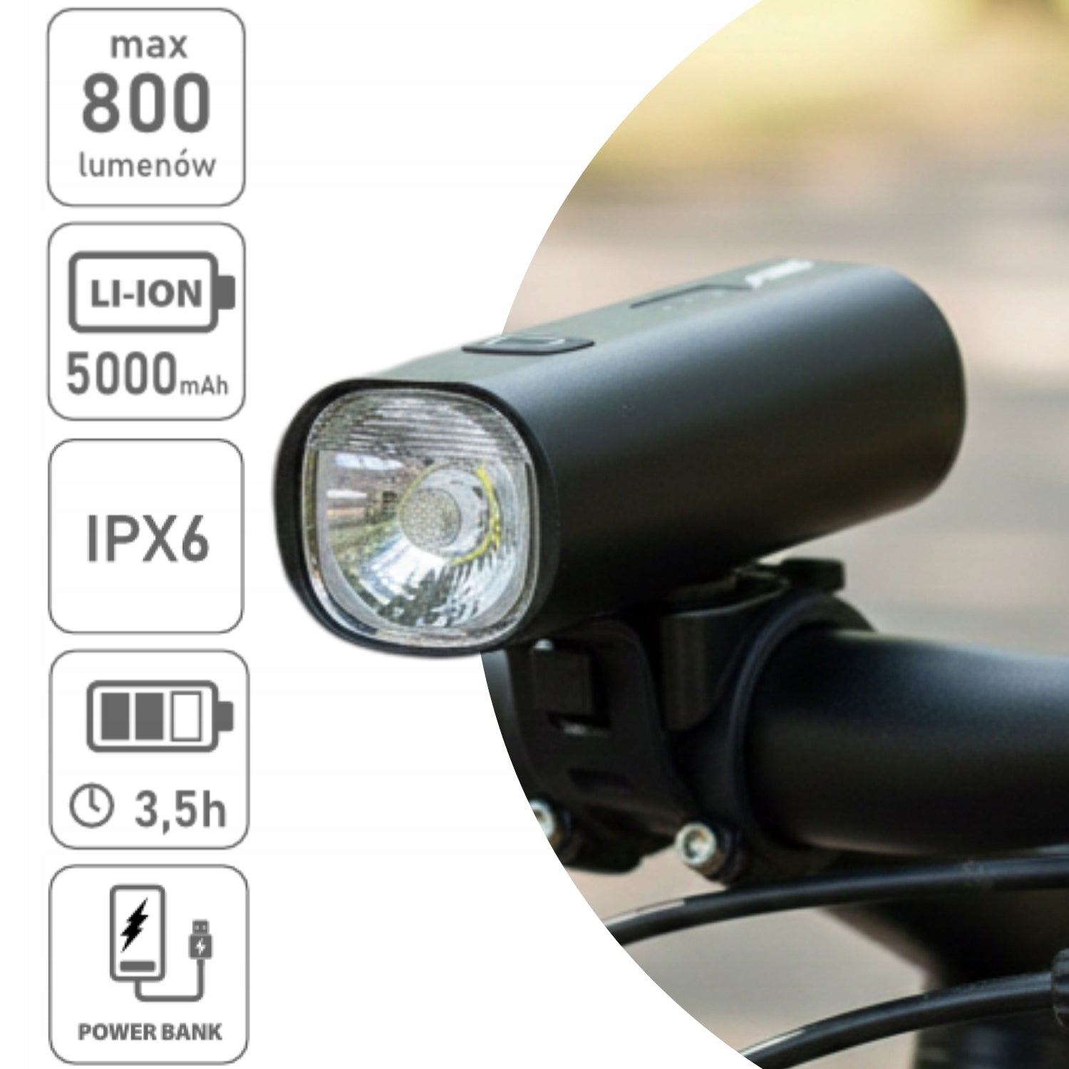 Powerful Bicycle Front Light 800lm LED PowerBank Light 5000mAh DEDRA Light source LED