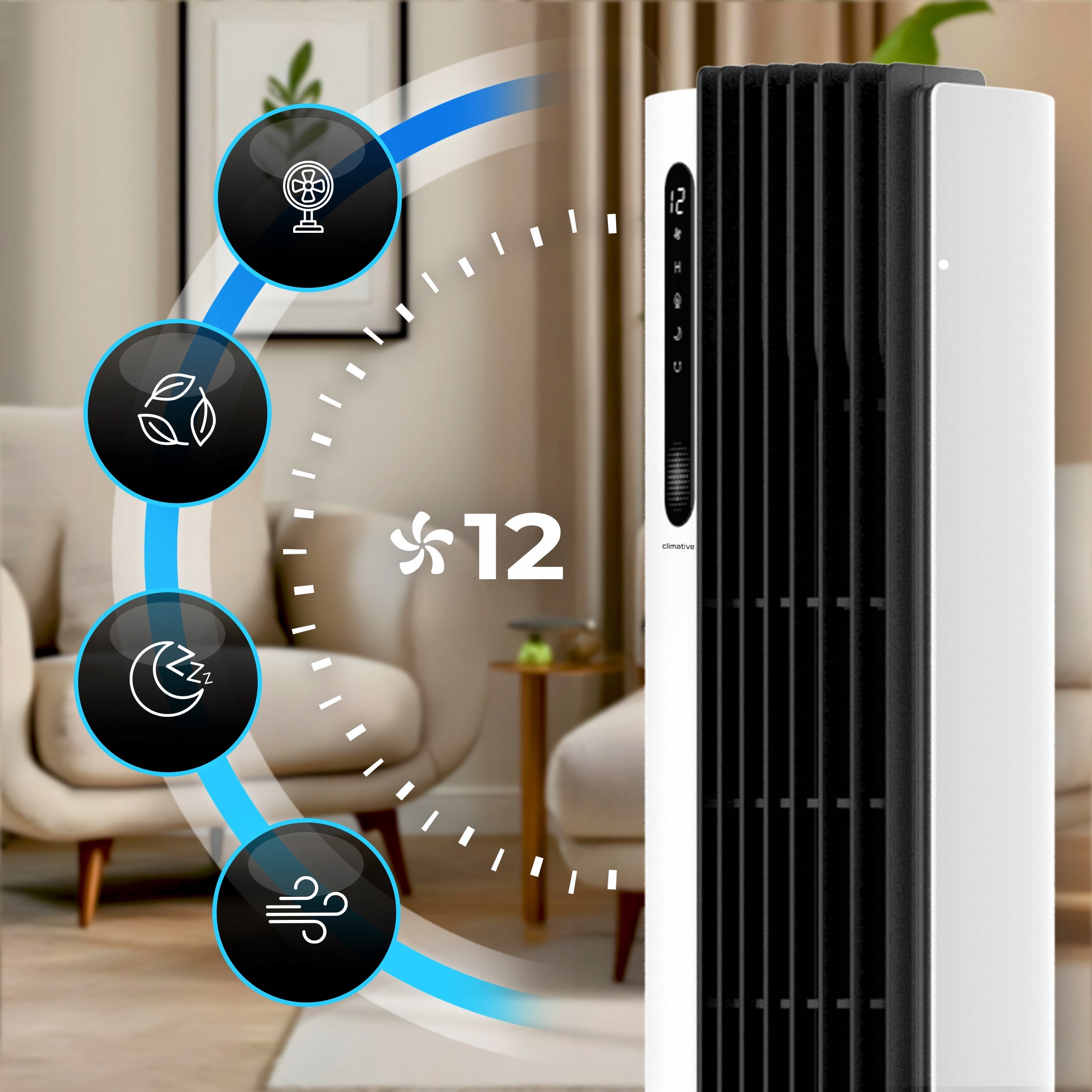 Powerful Quiet Column Fan 12 Power Levels Pure Plasma Ionization XXL Model Pure Air Plasma TF-43ELWBP