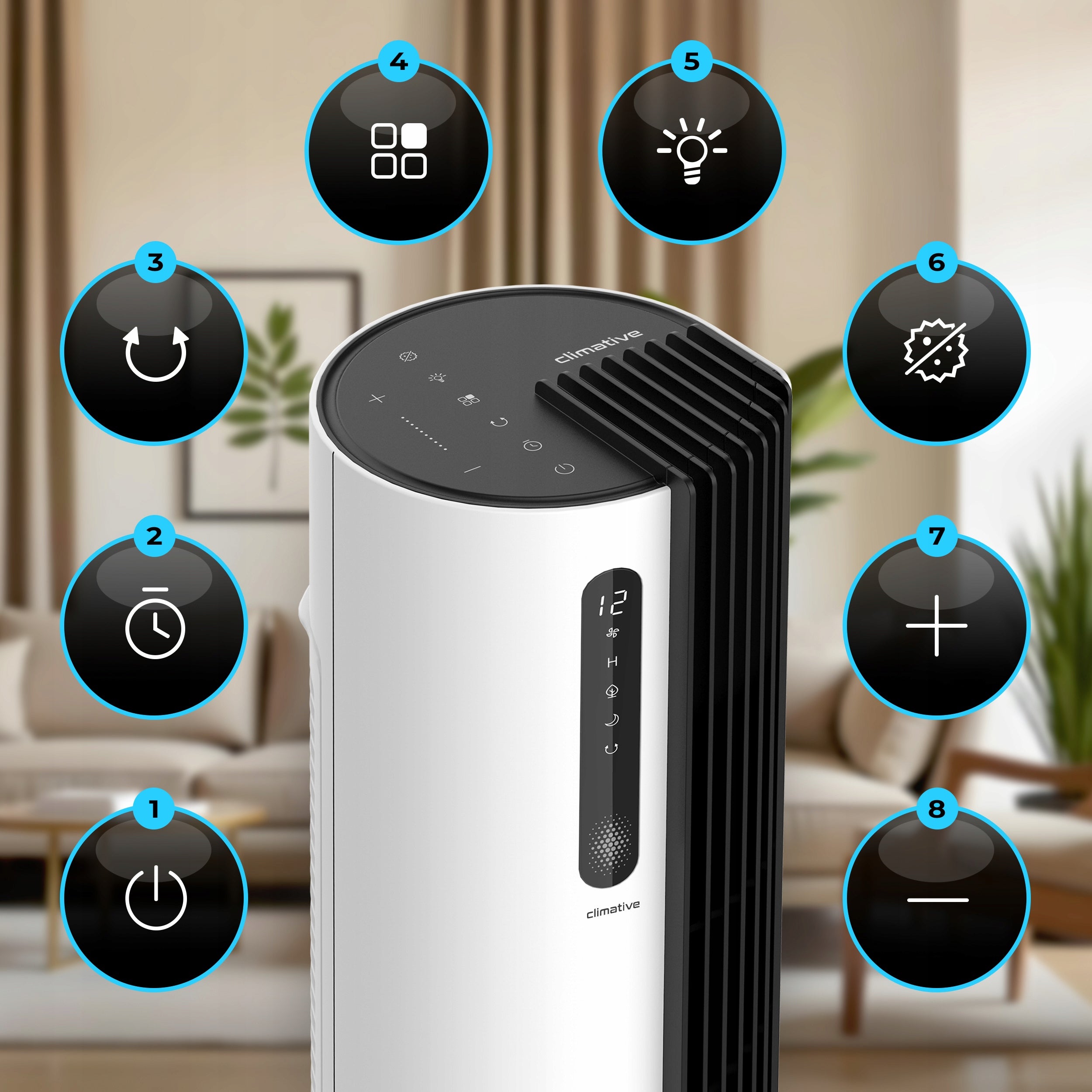 Powerful Quiet Column Fan 12 Power Levels Pure Plasma Ionization XXL Power supply mains