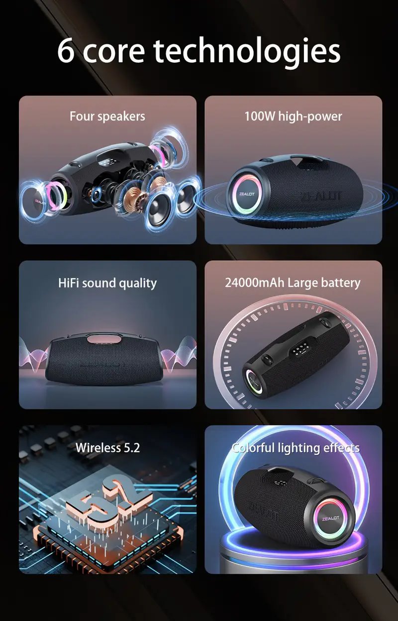 Powerful Speaker ZEALOT S78 Power 100W Bluetooth 5.2 24000mAh Packaging status original