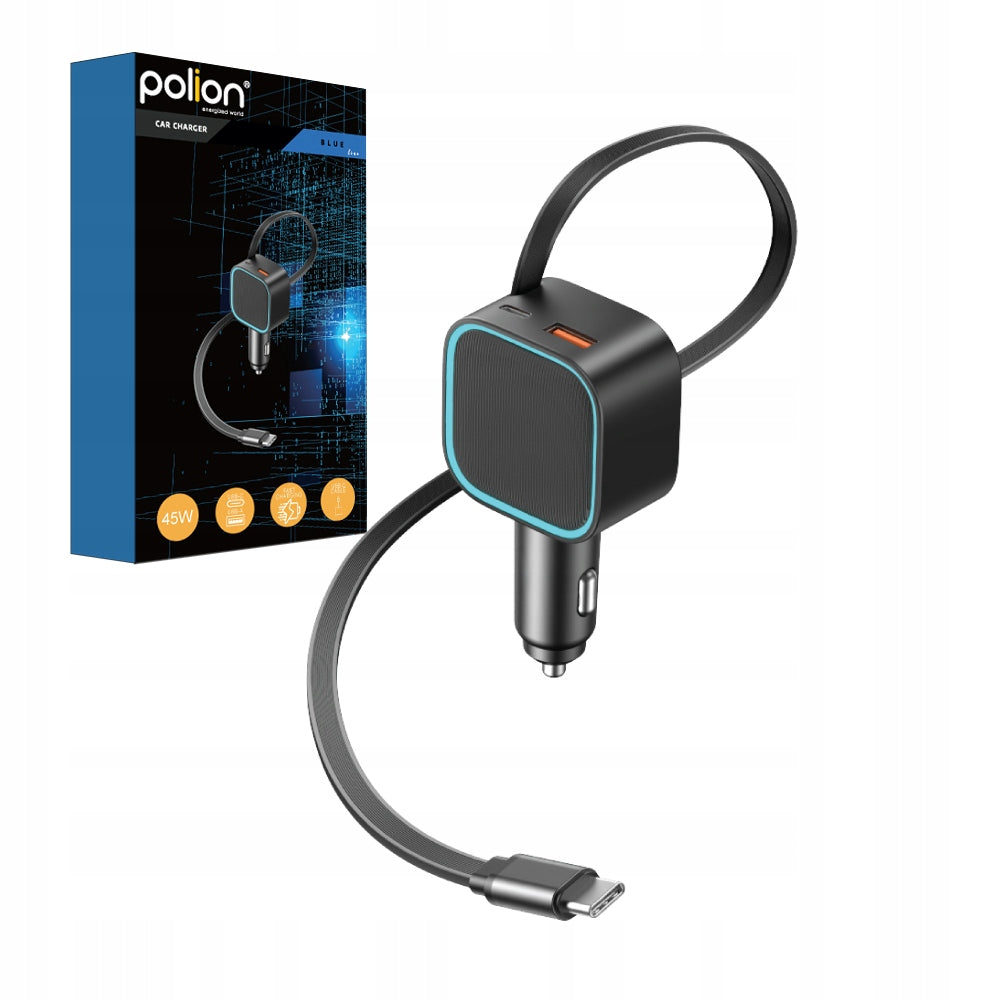 Powerful car charger POLION USB-A 2xUSB-C 45W QC3.0 PD with cable
