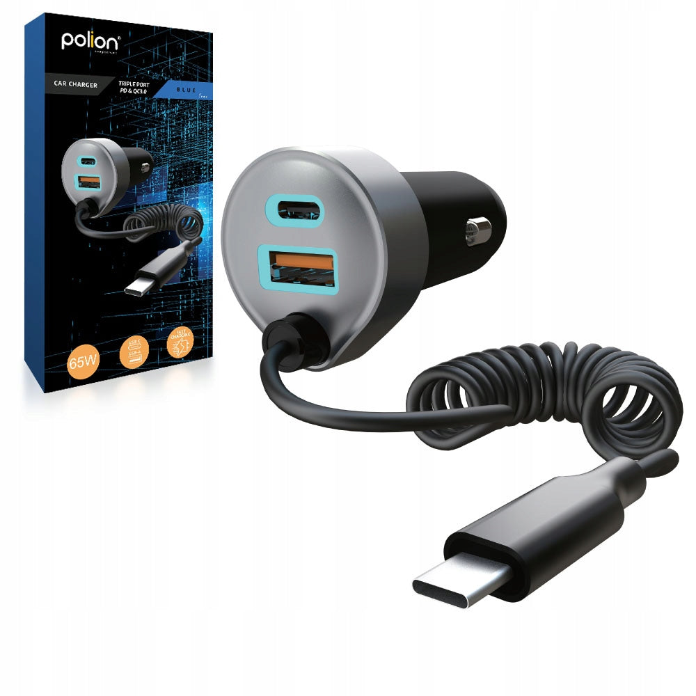Powerful car charger POLION USB-A 2xUSB-C 65W QC3.0 PD with cable