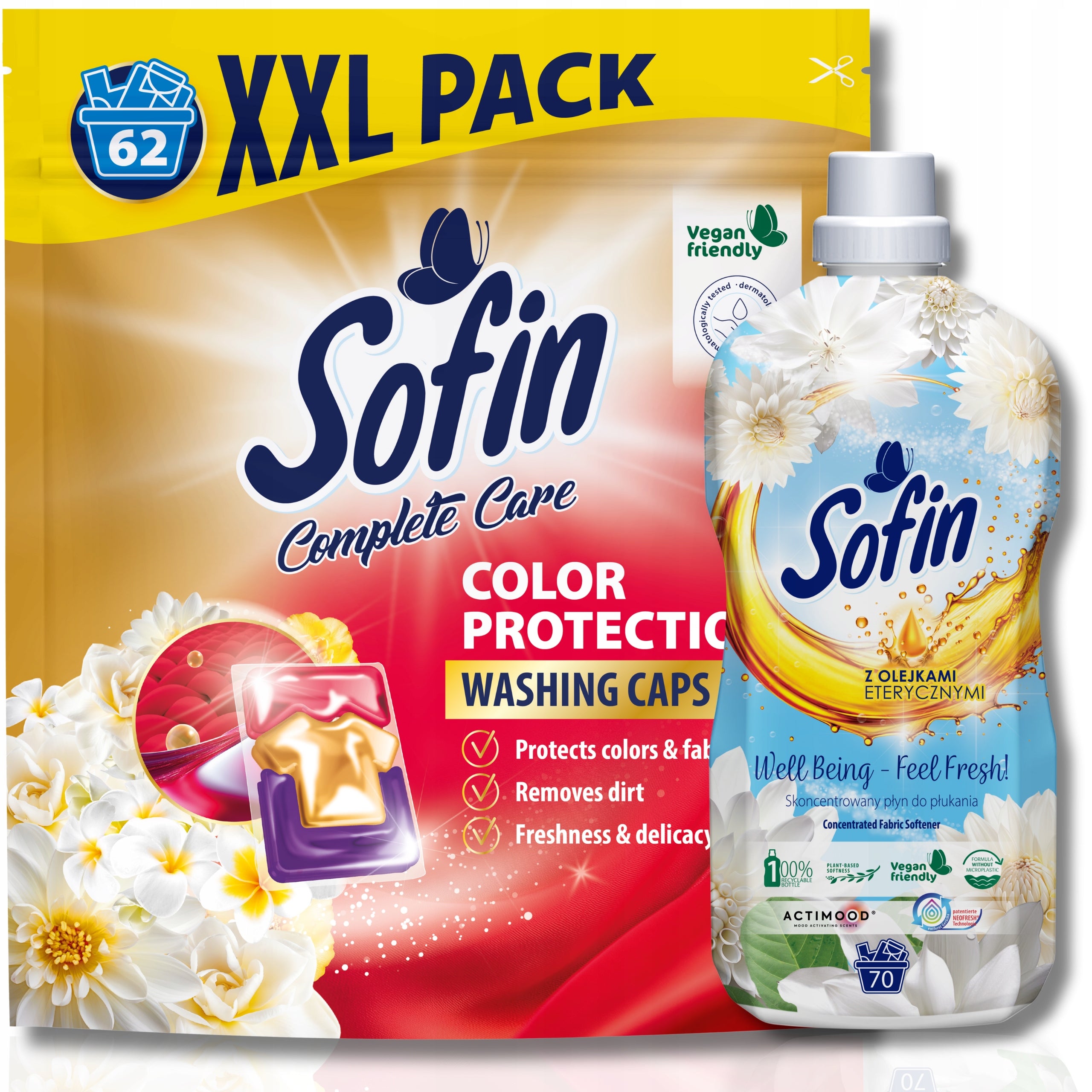 Practical Laundry Capsules COLOR 62 Pcs + Rinse Liquid for Clothes Brand Sofin