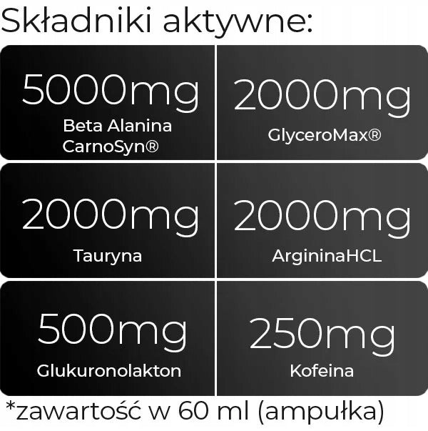 Pre-workout shot 60ml preworkout caffeine 250mg beta alanine 5000mg Expiration date at least 1 year from the date of purchase