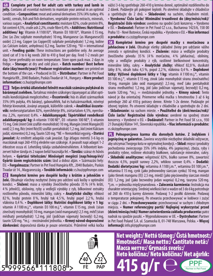PreVital Wet Cat Food Turkey with Lamb Jelly 415g Manufacturer code 5999566111808