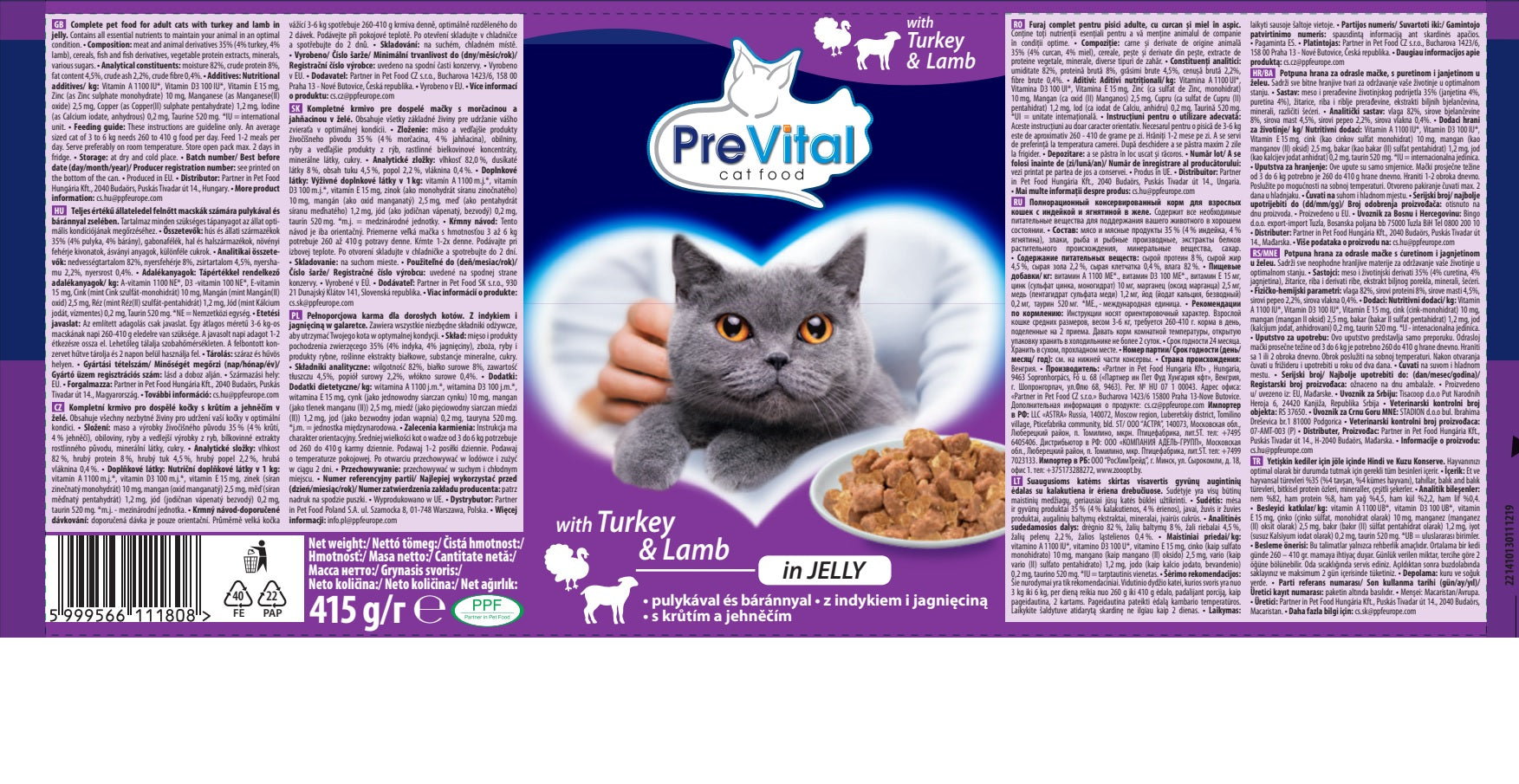 PreVital Wet Cat Food Turkey with Lamb Jelly 415g Packaging status original