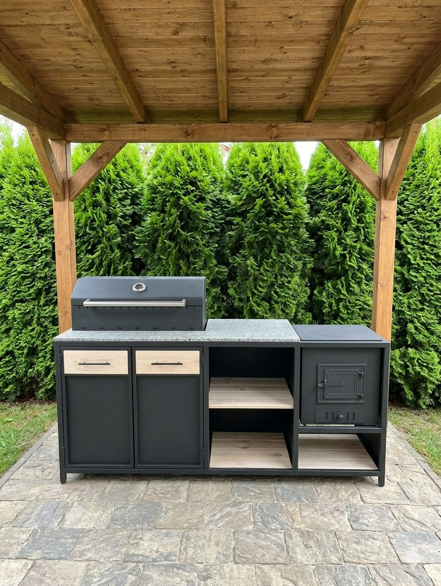 Premium Garden Kitchen – Grill Loft + Oven – Stone Countertop – 5mm Steel