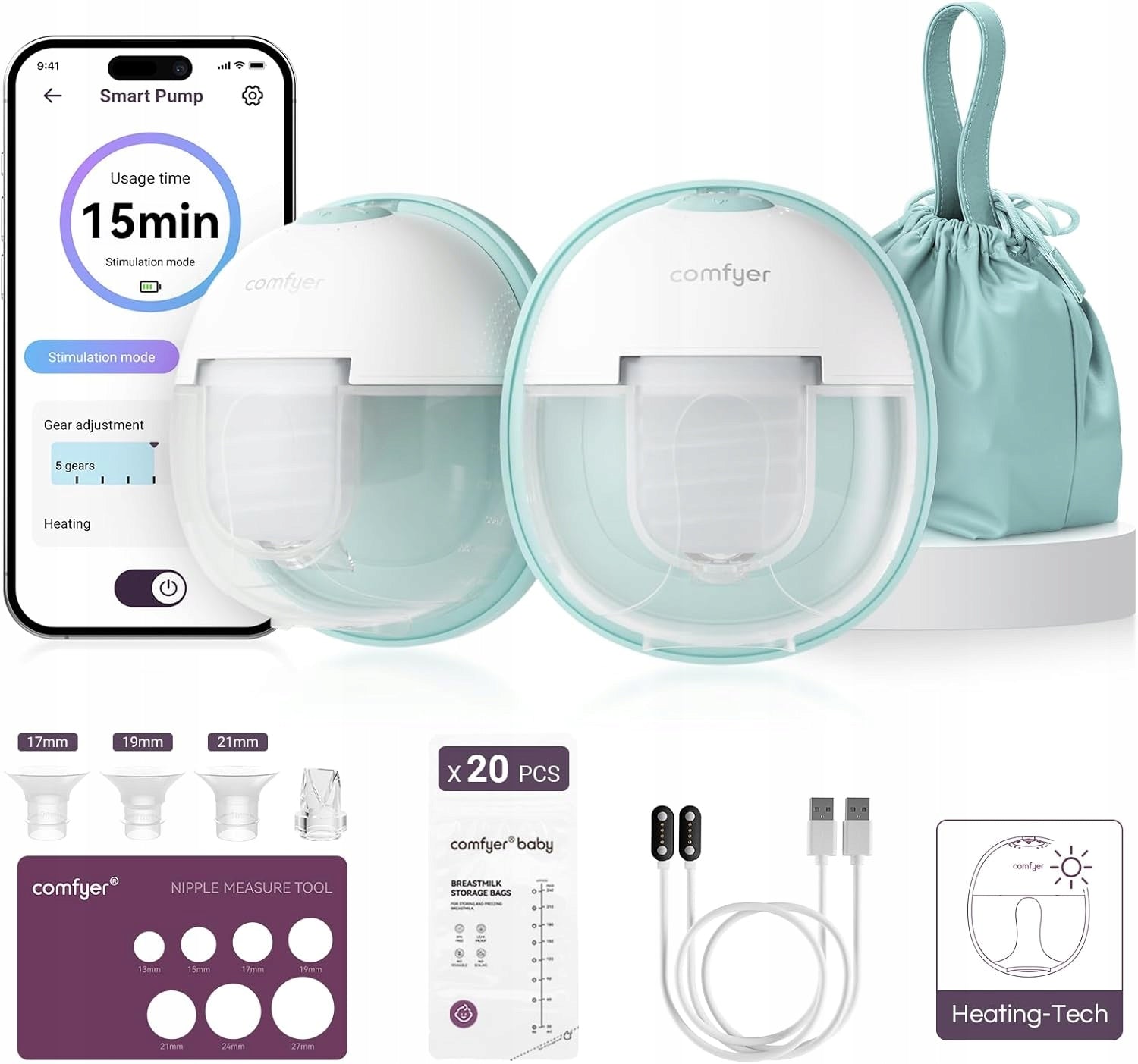 Premium portable breast pump Comfyer W2 Double with application