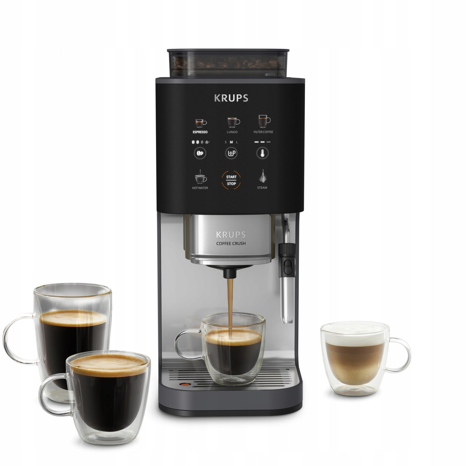 Pressure coffee maker KRUPS Coffee Crush flask with grinder grey
