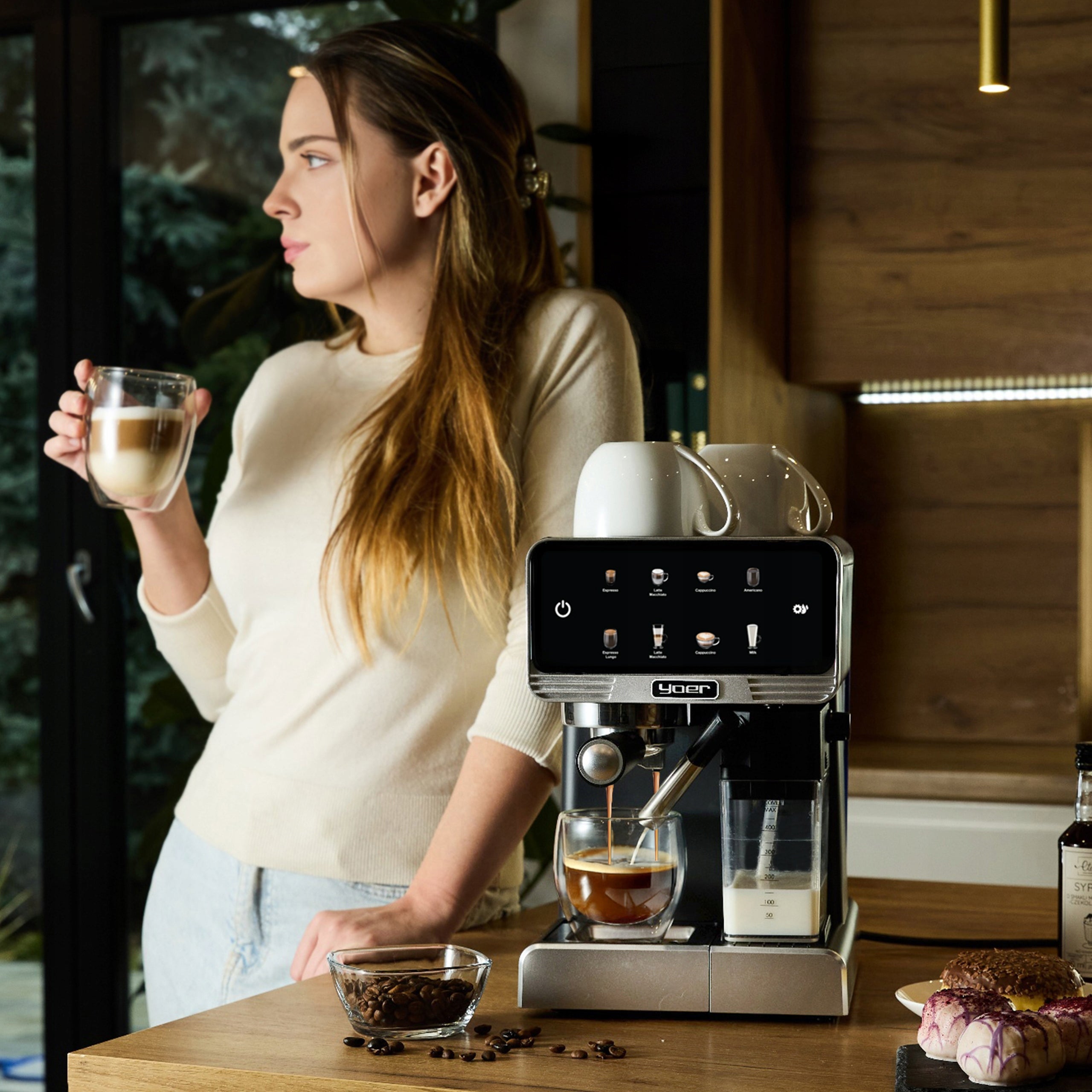 Pressure coffee maker Yoer +LED 20bar 1350W Automatic +THERMOBLOCK Manufacturer code EMF03BK