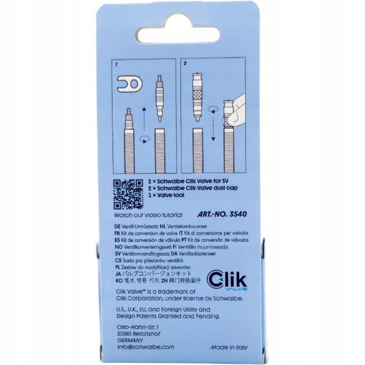 Presta SV to Schwalbe Clik Valve (SCV) Conversion Kit Manufacturer code 3540A