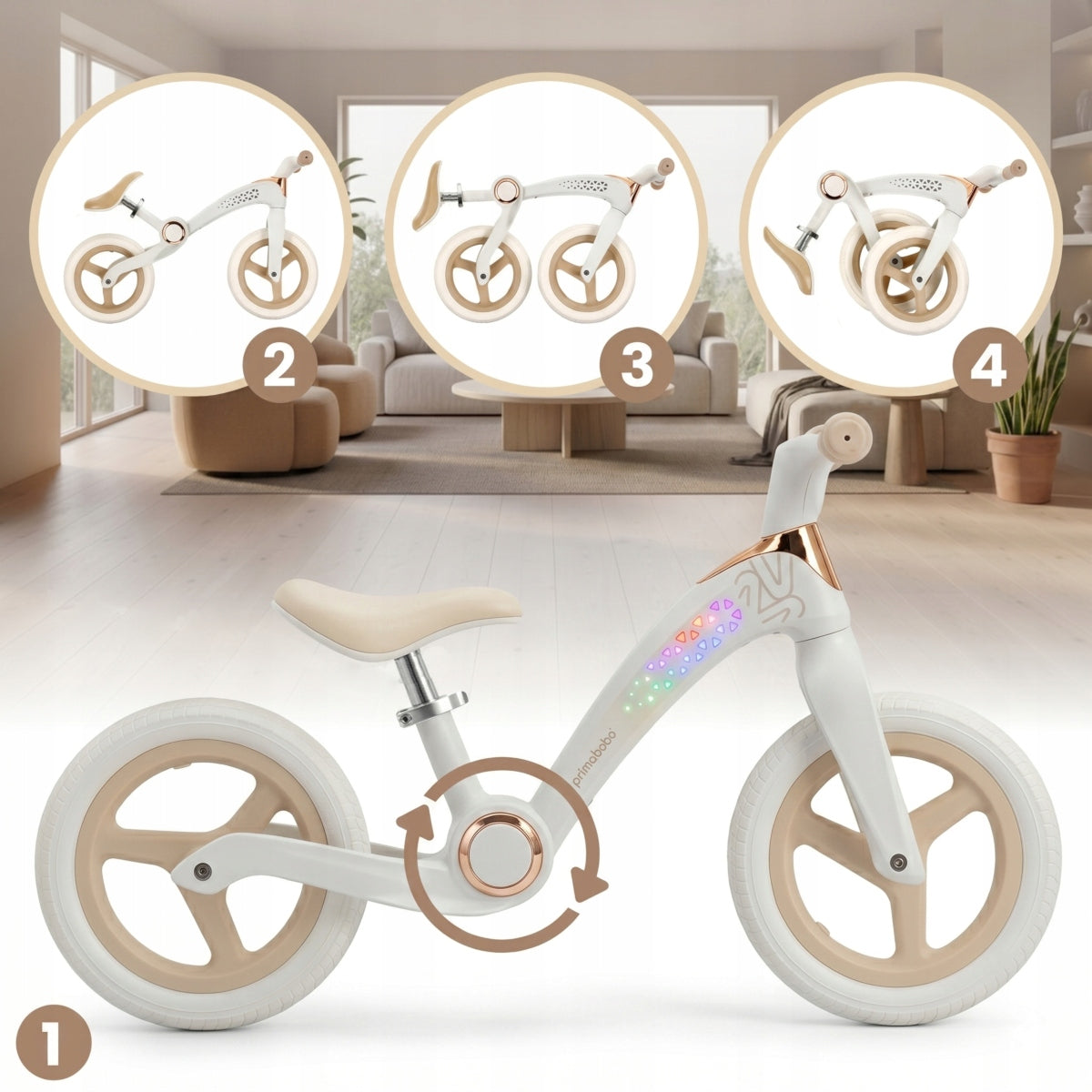 Primabobo NEO folding balance bike from 2 years LED adjustable light BEIGE Manufacturer code NEOBIKE_CBM9_W