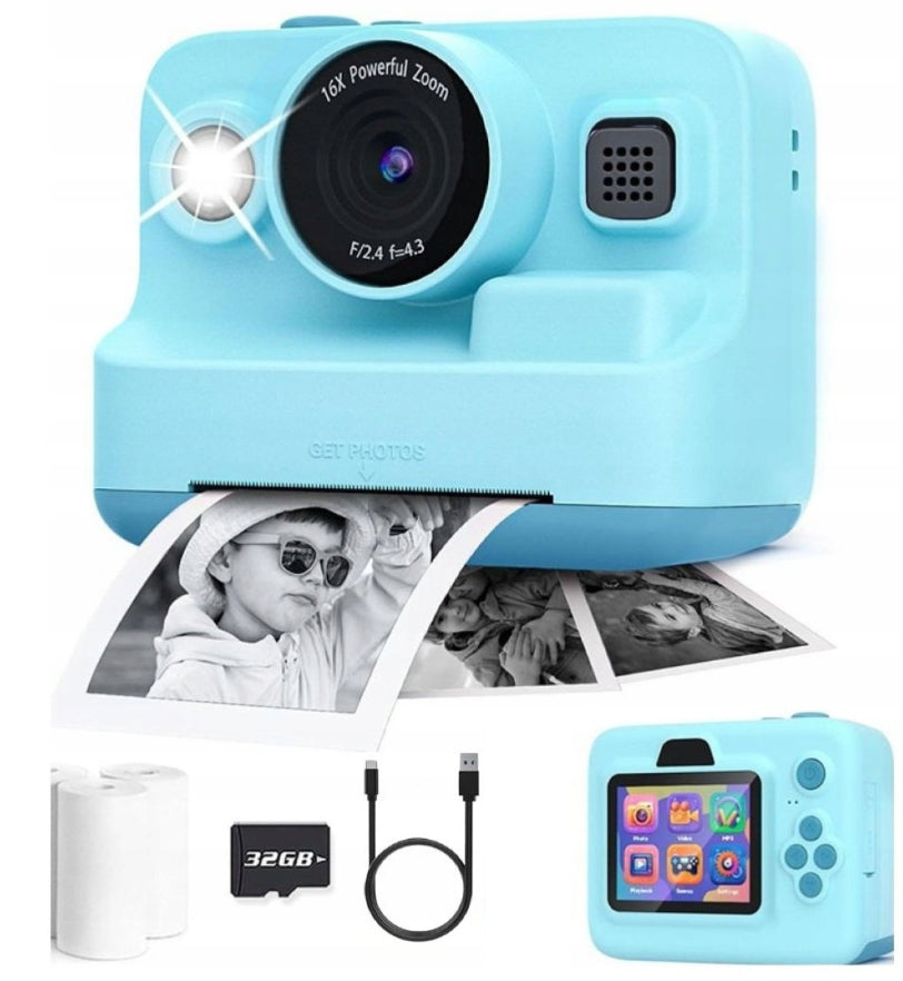 Print Instant Camera + 32GB Card + ROLLS BLUE