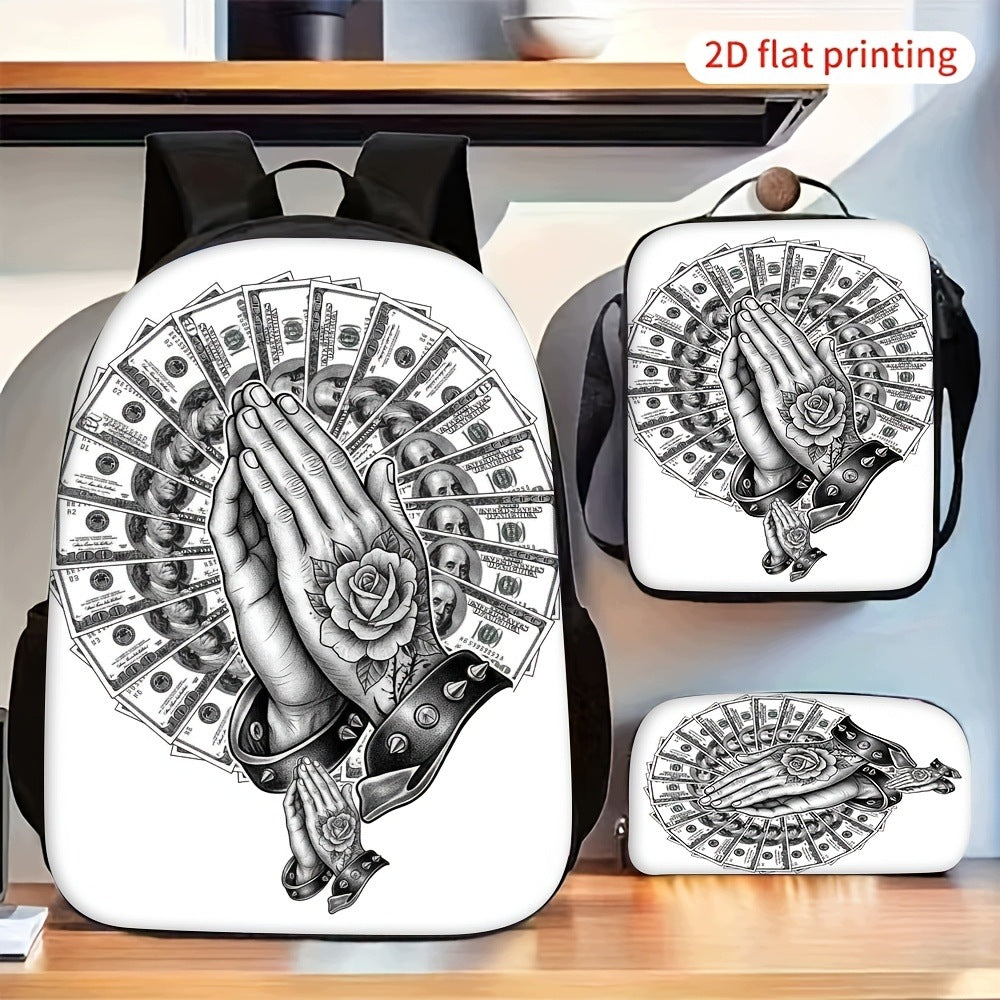 Printed Praying Hands Rose Dollar 3-Piece Backpack Set for School and Daily Use