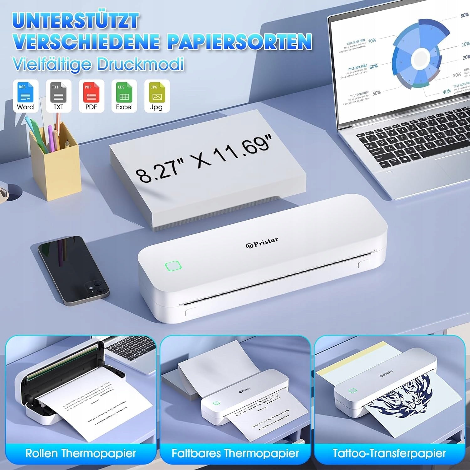 Pristar D210 Portable Thermal Printer A4 Bluetooth USB 2600mAh Compact Brand no brand