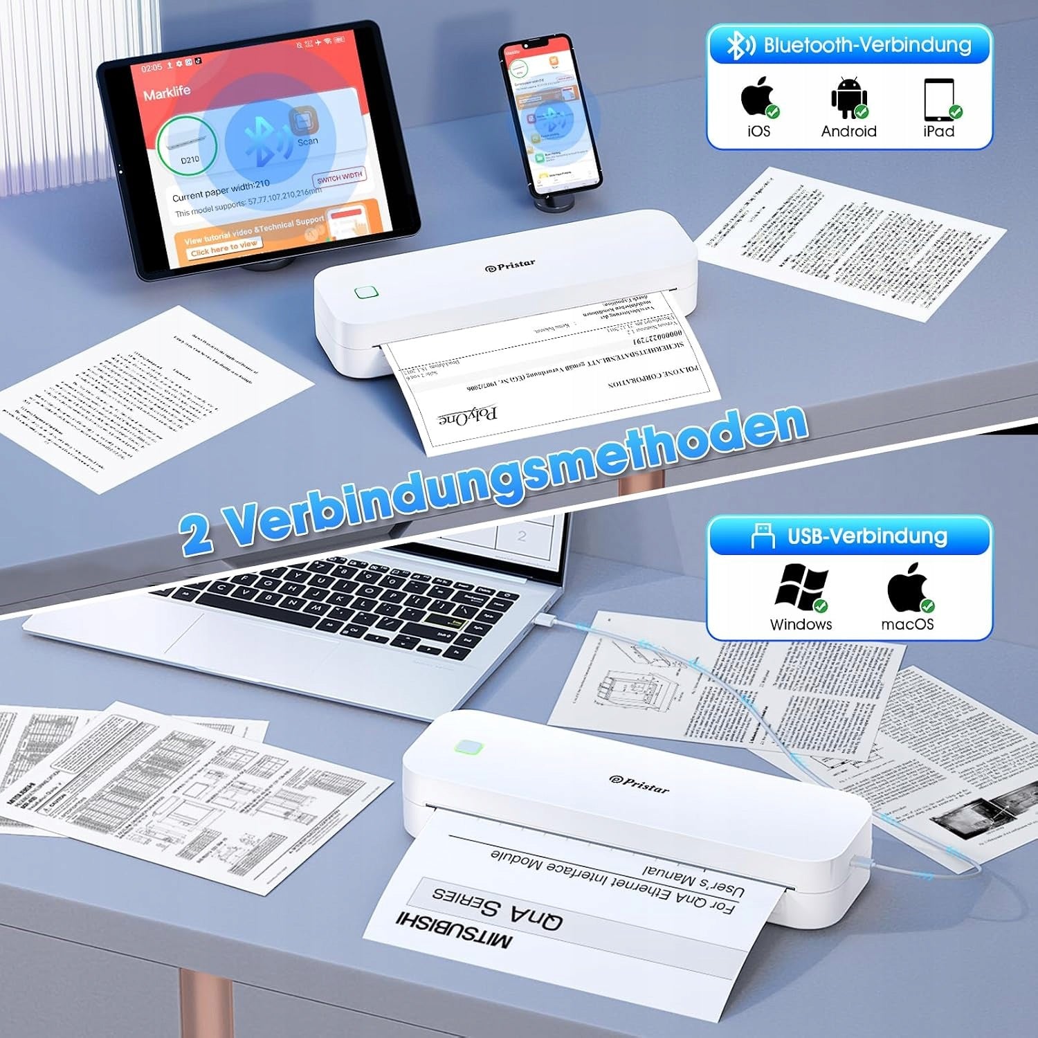 Pristar D210 Portable Thermal Printer A4 Bluetooth USB 2600mAh Compact Manufacturer code 2330jg