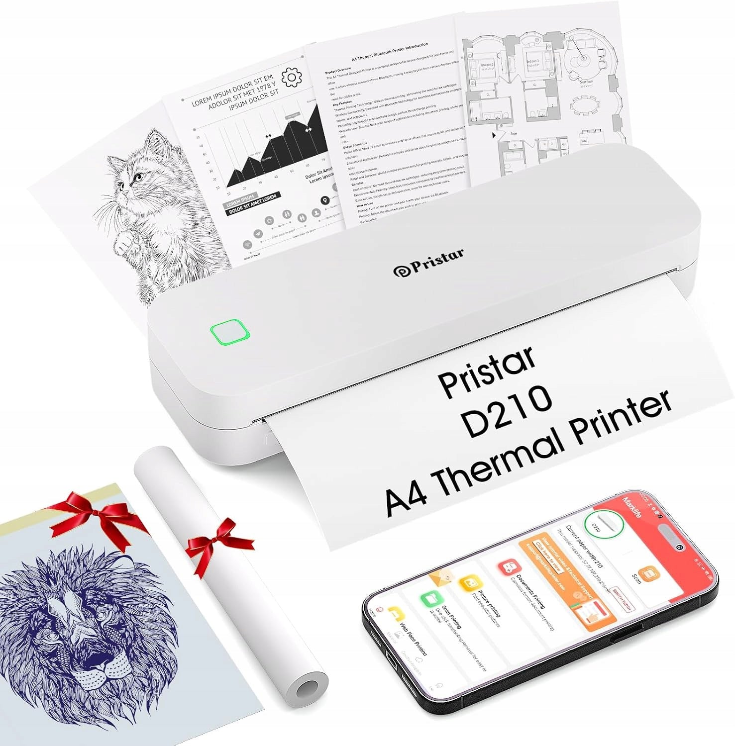 Pristar D210 Portable Thermal Printer A4 Bluetooth USB 2600mAh Compact
