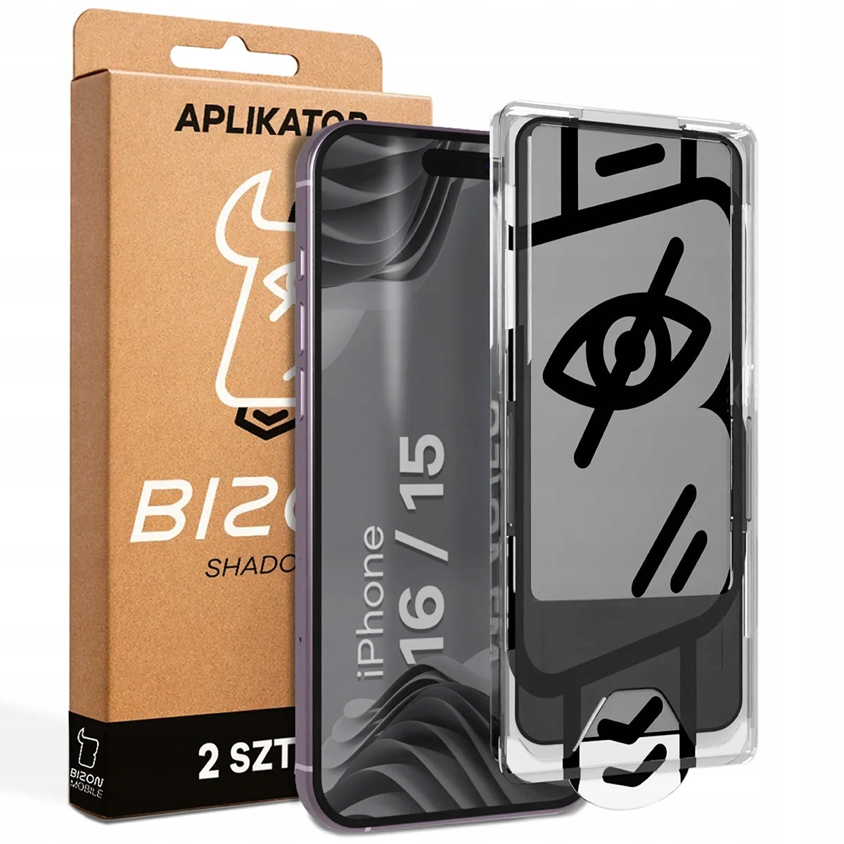 Privacy Glass with Bizon Applicator for iPhone 15/16, 2 Set