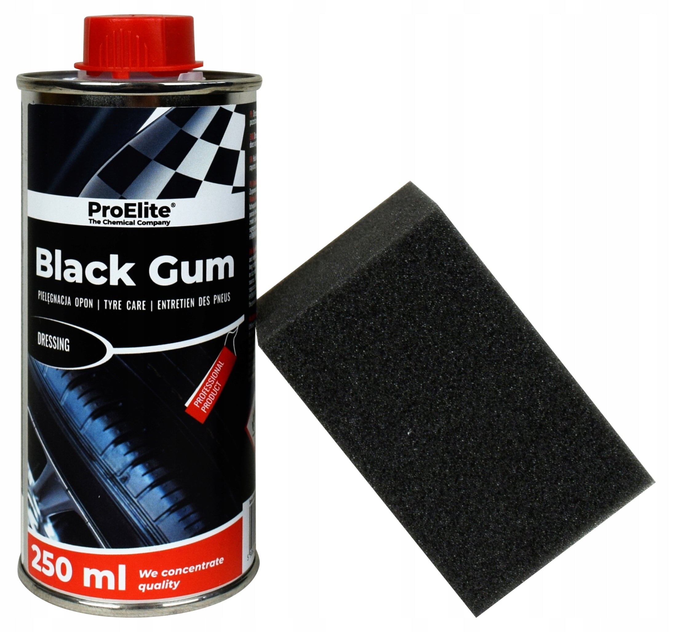 ProElite Black Gum 250ml Tire Black for Tyres Dressing Shines + Sponge Packaging status original