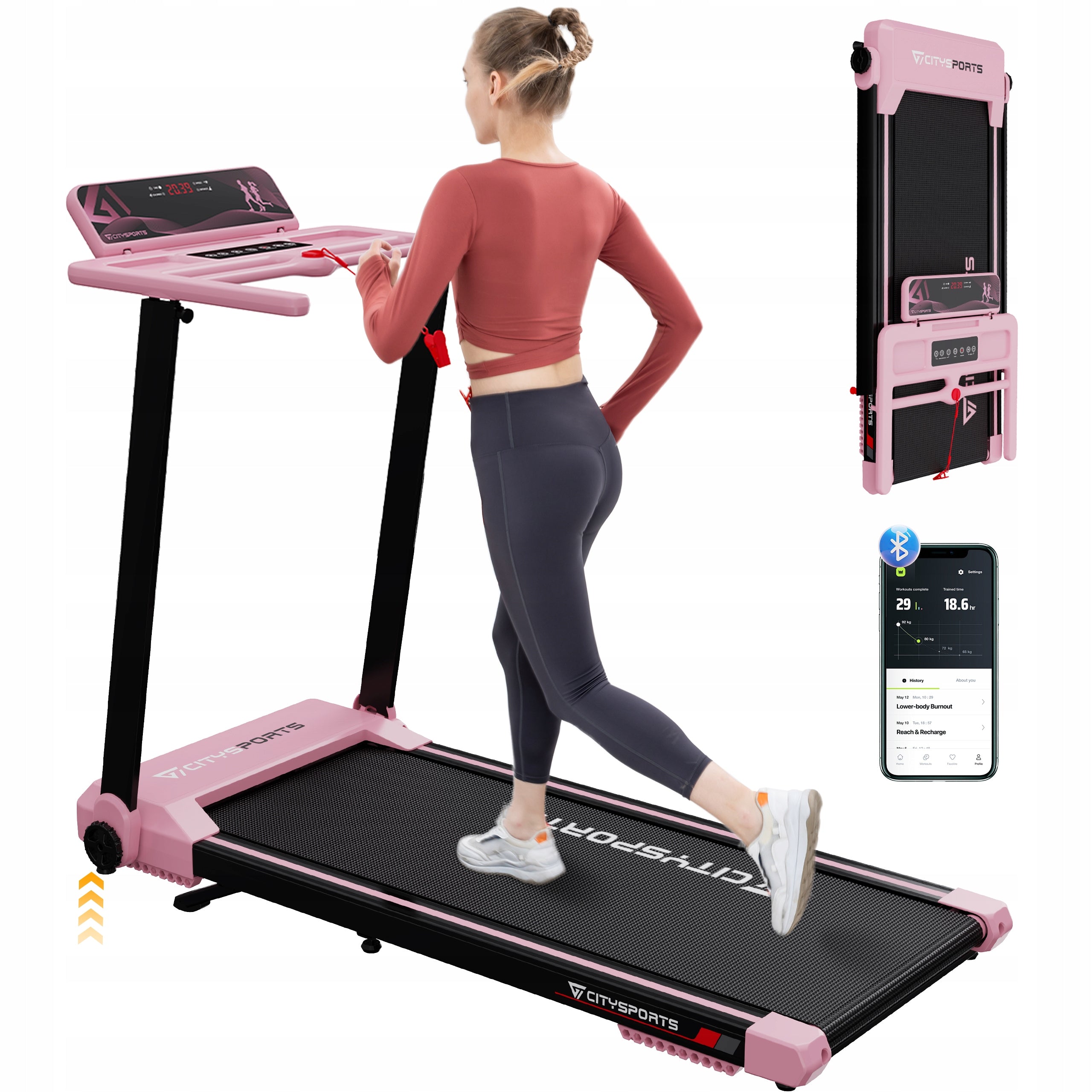 Professional Folding Treadmill Home Electric Exercise Pink Tilt 12KM App/BT