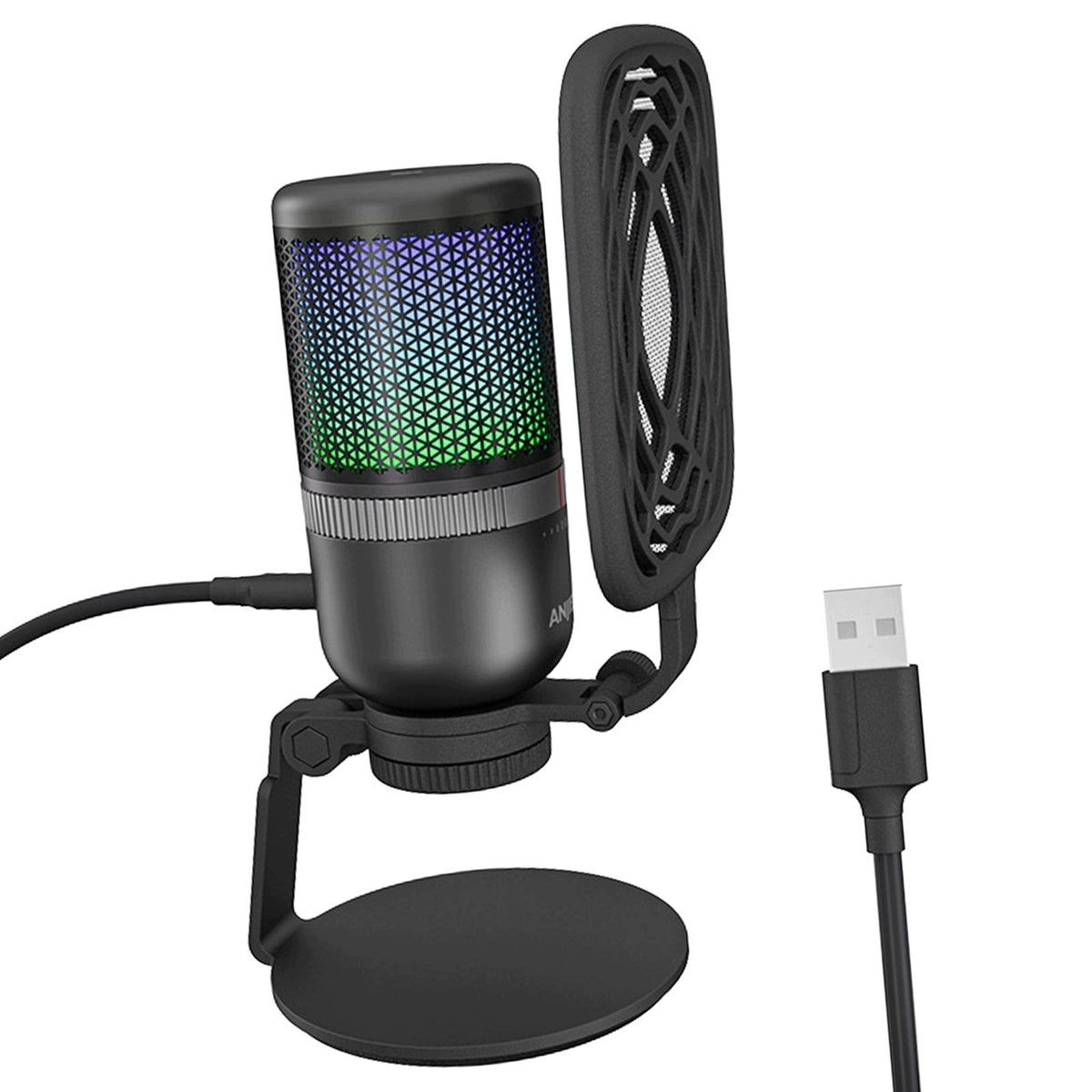 Professional USB Microphone Rotary Volume Control Knob Cool RGB Light Plug