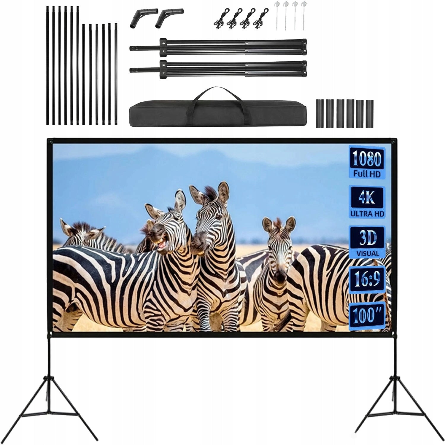 Projection Screen 100" 16:9 4K HD Stand Portable Foldable + Tripod BEDEE