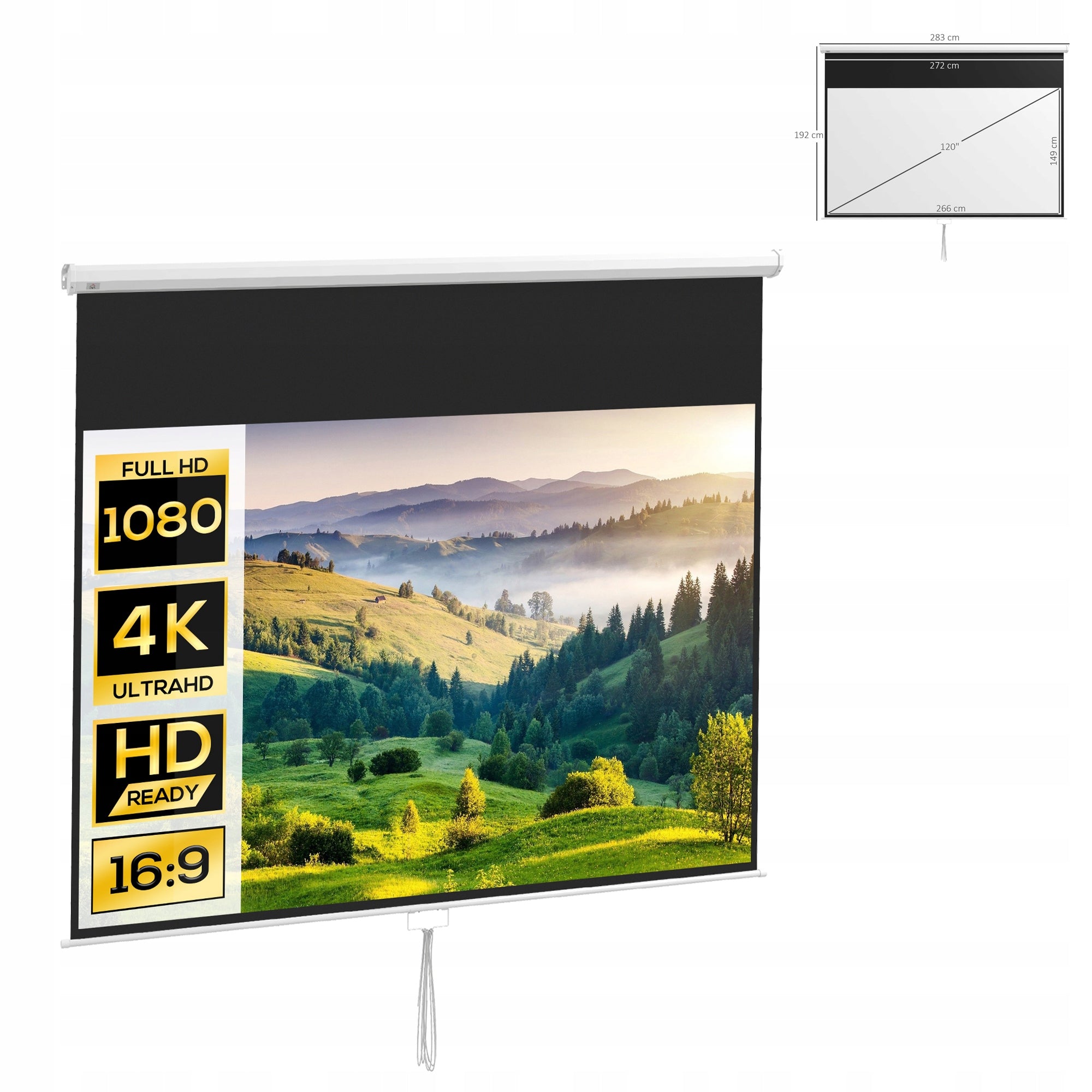 Projection screen 120 inches, 16:9 format, wall or ceiling mount, white