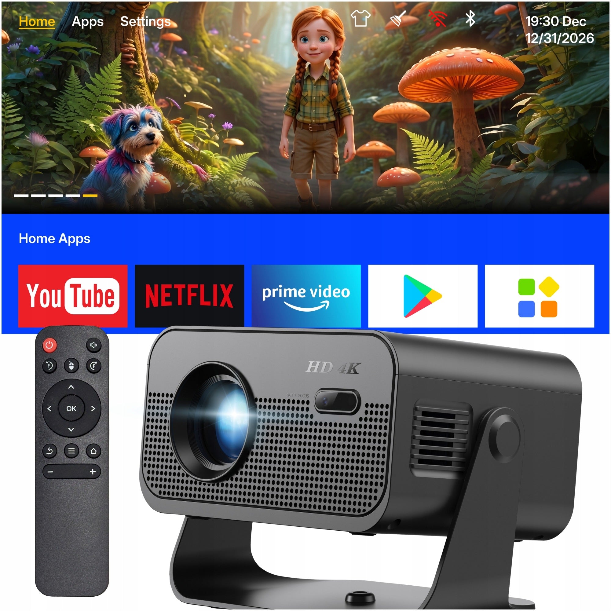 Projector 4K UHD WiFi Bluetooth Android Speaker Remote Control USB AUX HDMI
