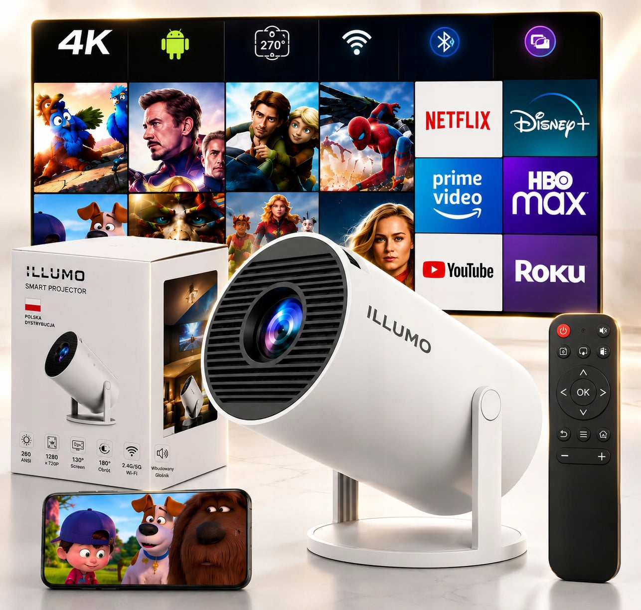 Projector LED FULL HD SMART TV 4K WIFI Android ILLUMO HY300 PRO+