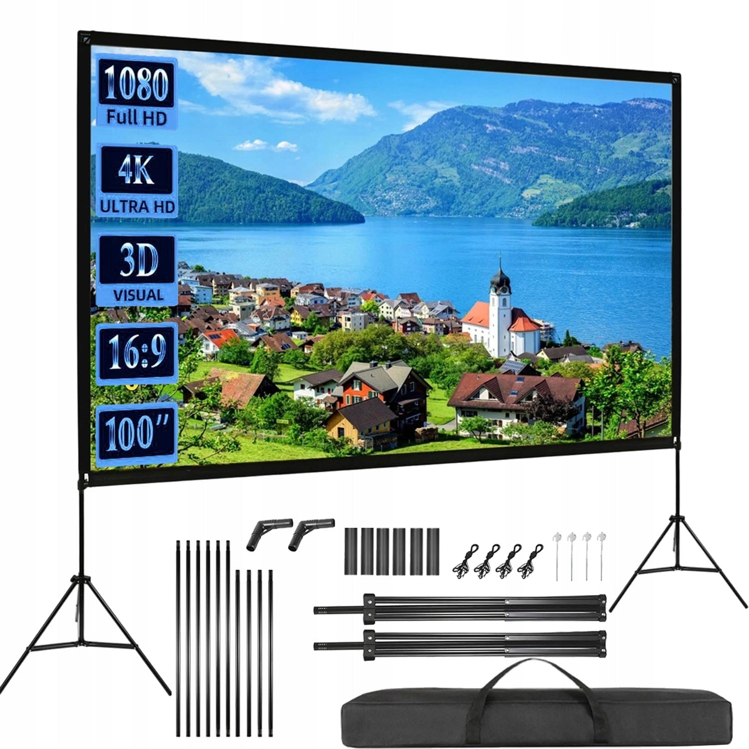 Projector Screen 100"16: 9 4K 1080 HD Stand Camping Bag And Domo BEDEE