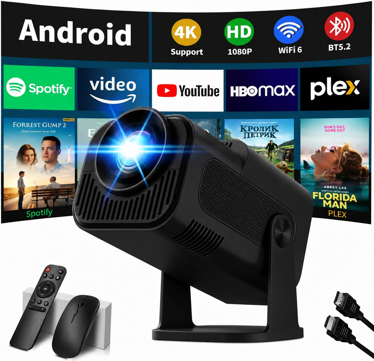 Projektor 1080P WiFi 6 a Bluetooth 5.2 Prenosný kompatibilný s HDMI čierny