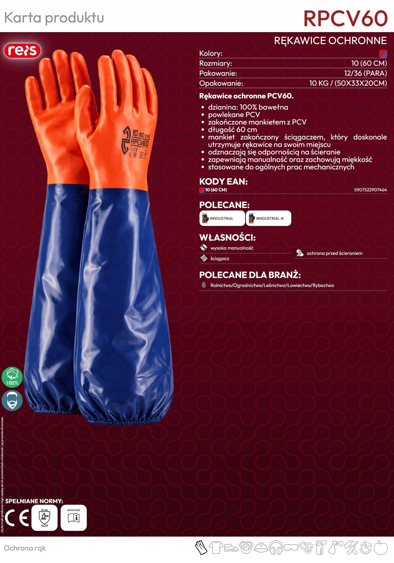 Protective gloves Reis RPCV60 size 10 - XL 1 pair 60 cm. length. Medical device no