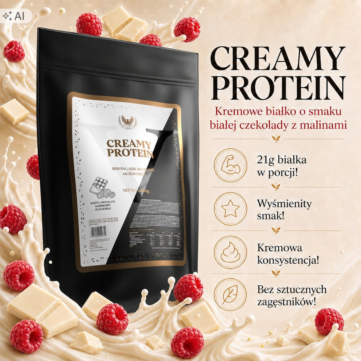 Protein 2000g Creamy Protein WPC 70% Whey White Chocolate Raspberry Victorious Packaging status original