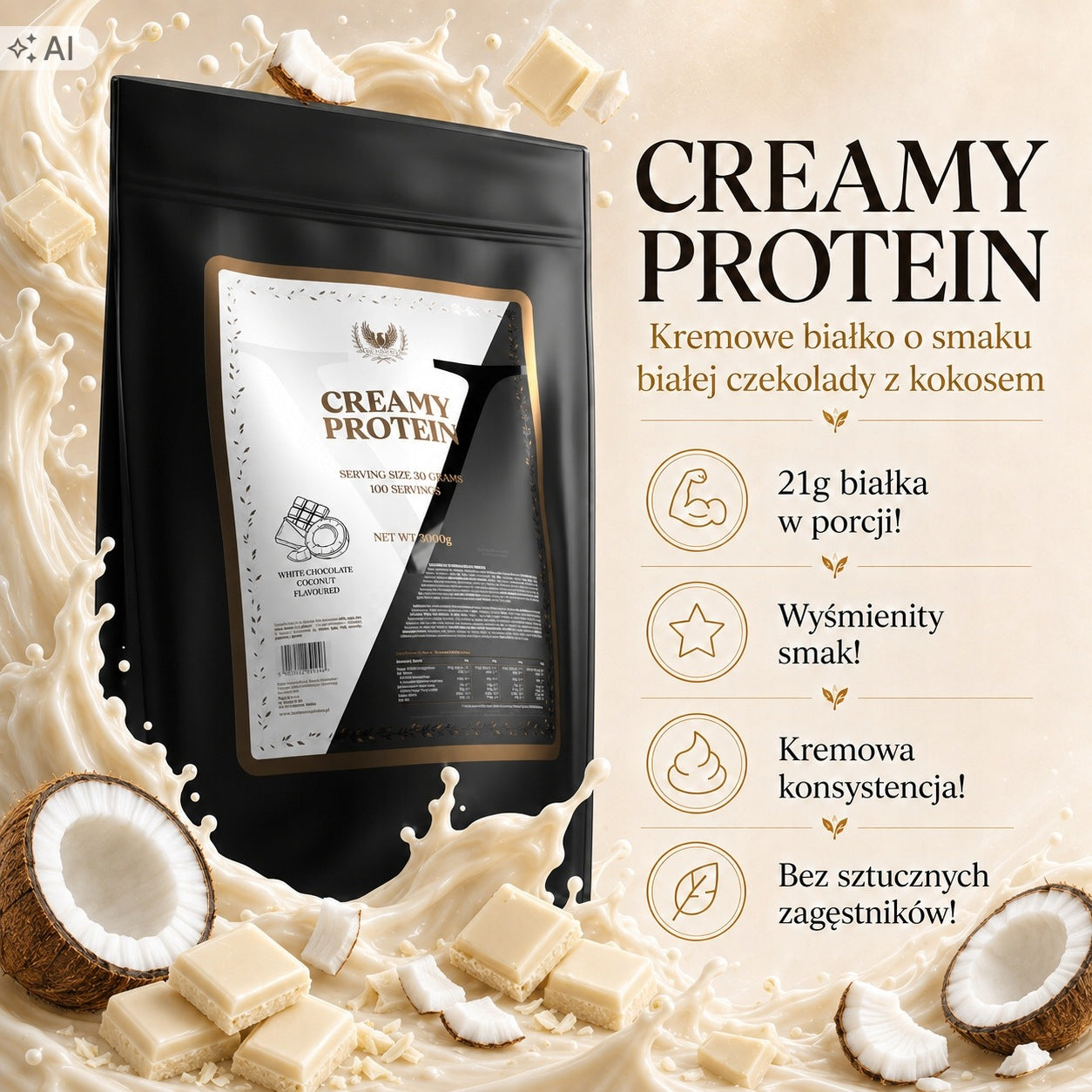 Protein 3000g Creamy Protein WPC 70% Whey White Chocolate Coconut Victorious Packaging status original
