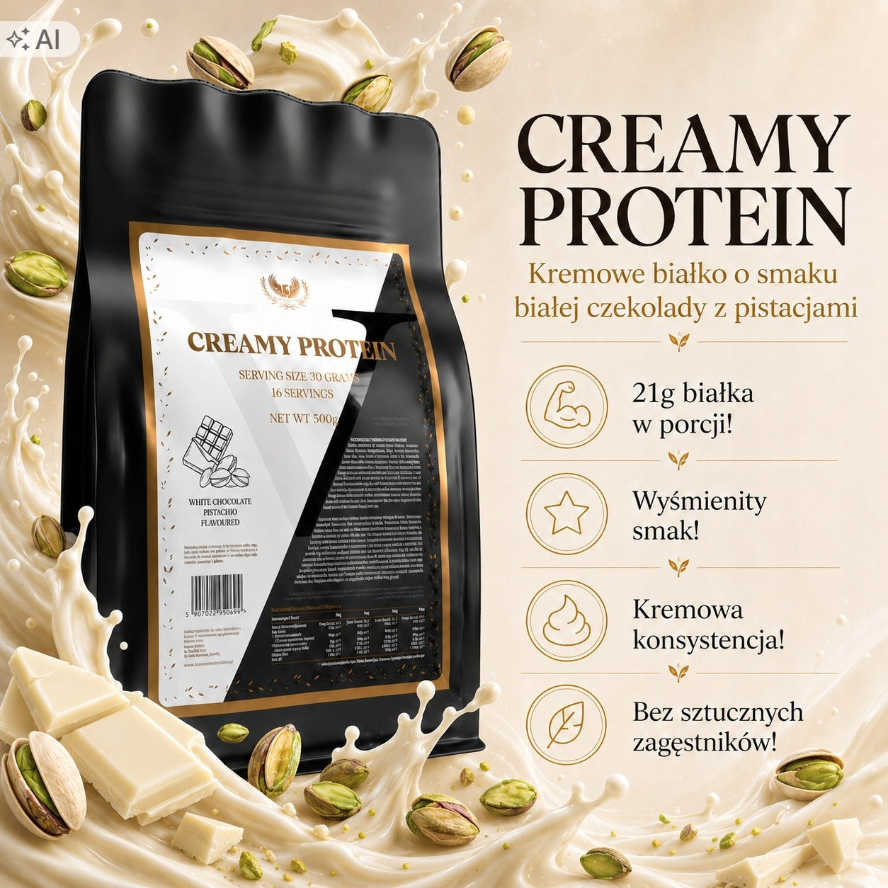 Protein 500g Creamy Protein WPC 70% Whey White Chocolate Pistachio Victorious Packaging status original