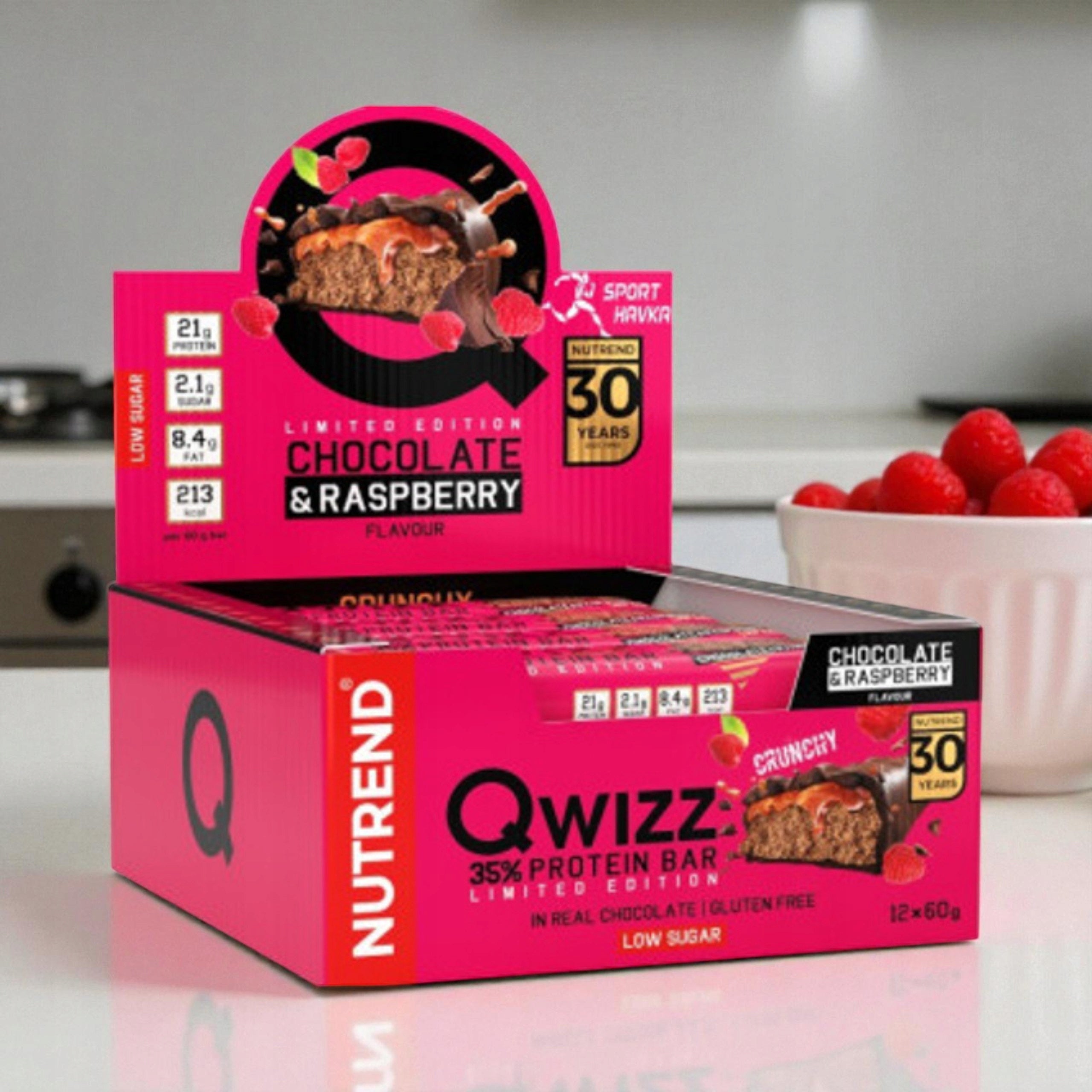 Protein Bar NUTREND Qwizz 24x60g Chocolate Raspberry 21g Protein Packaging status original