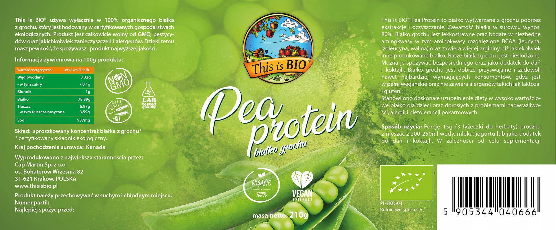 Protein Conditioner BIO 80% Pea Protein 420g Natural Taste BCAA Expiration date at least 3 months from the date of purchase