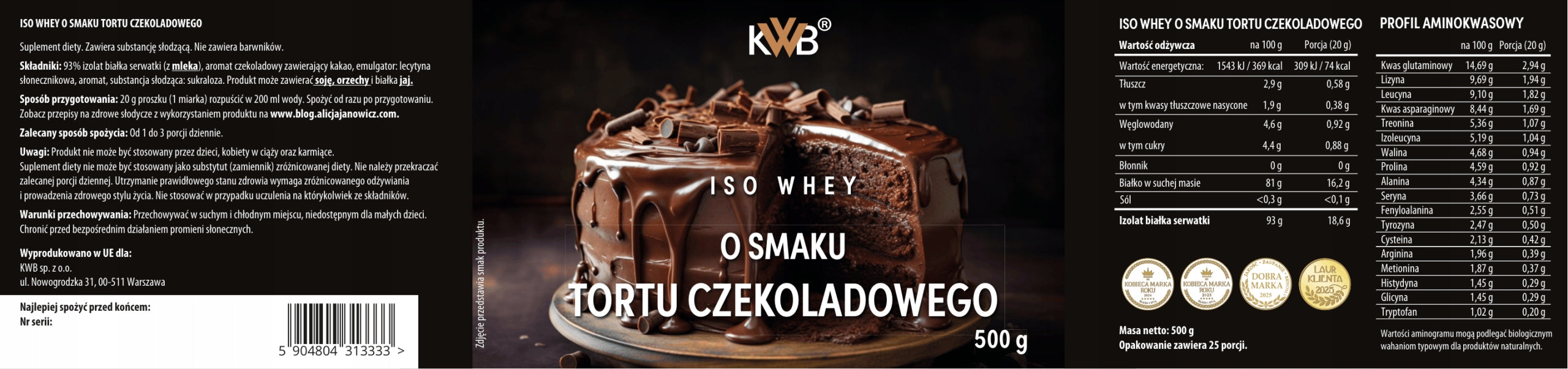 Protein KWB Iso Whey 500g Chocolate cake Manufacturer code Białko KWB Iso Whey 500g Tort Czekoladowy