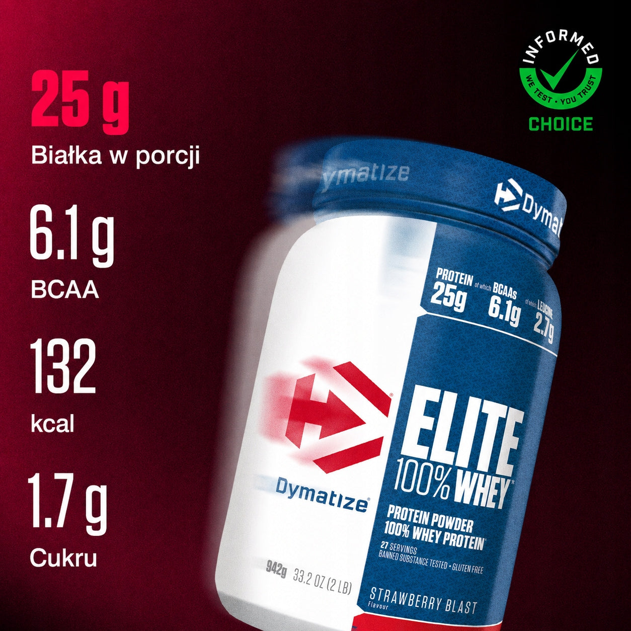 Protein supplement Dymatize Elite Whey Strawberry 942 g whey protein Packaging status original