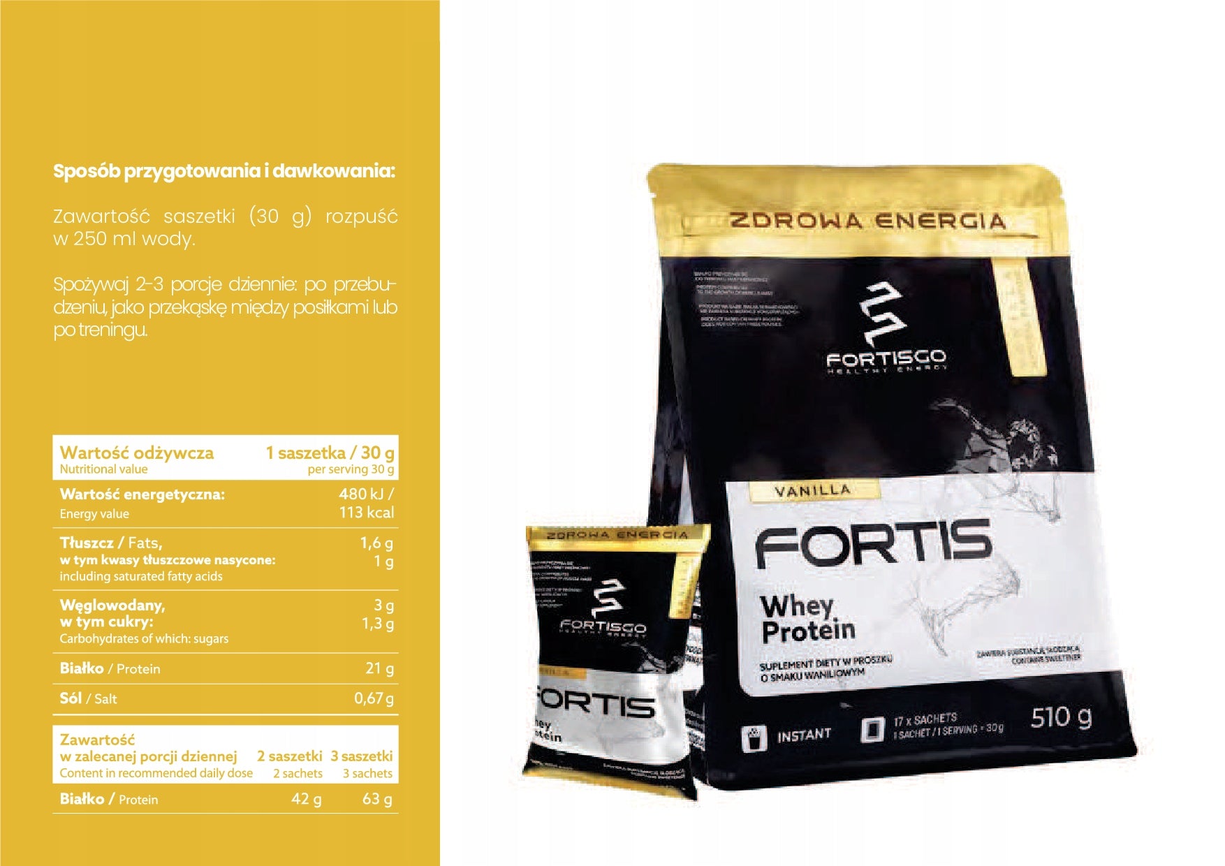Protein supplement FortisGo 510 g vanilla flavour Expiration date at least 1 year from the date of purchase